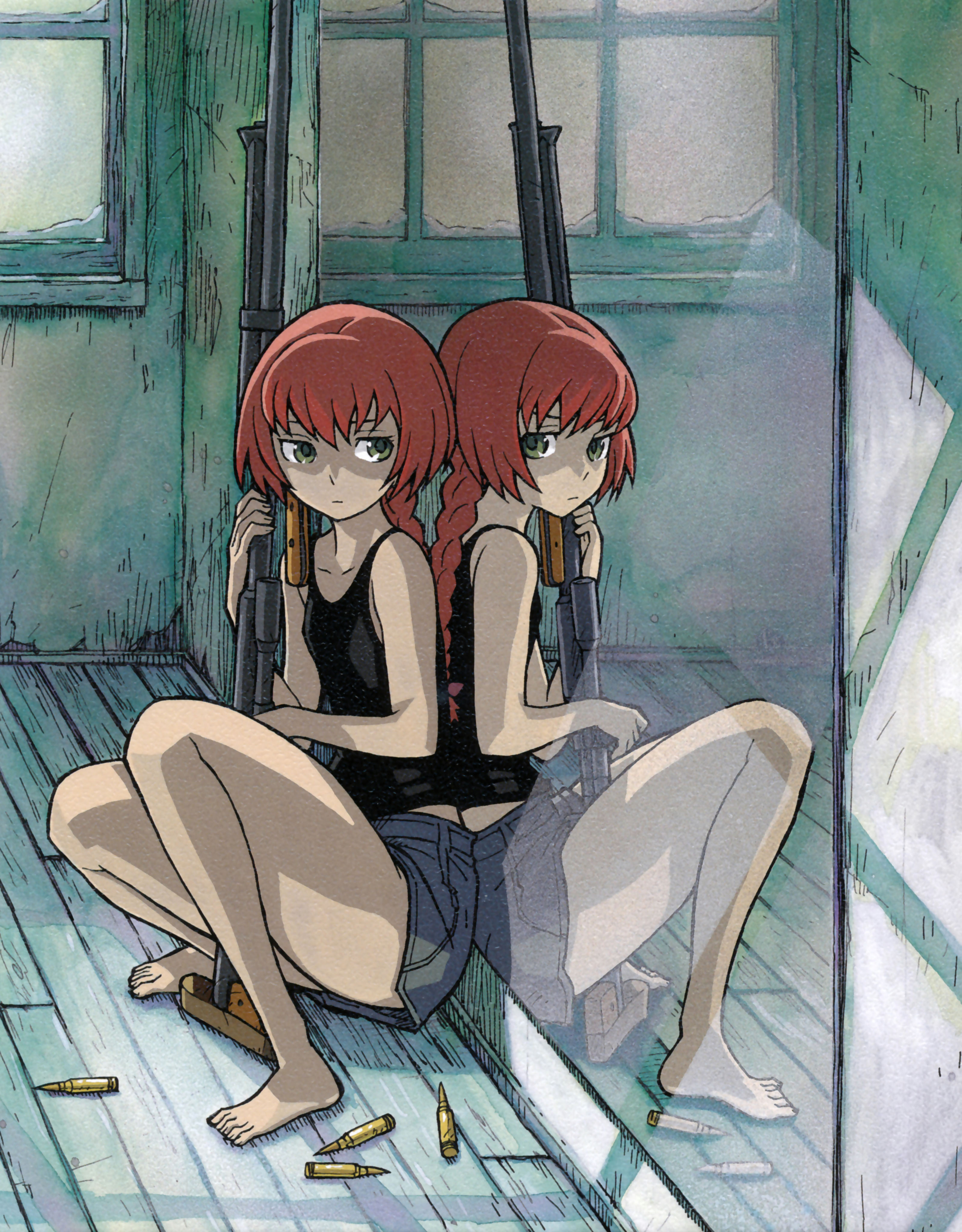 iwahara yuuji, suou pavlichenko, darker than black, absurdres, highres, 1girl, anti-materiel rifle, barefoot, bolt action, braid, bullet, female focus, flat chest, green eyes, gun, legs, long hair, mirror, ponytail, ptrd-41, red hair, reflection, rifle, single braid, sitting, skirt, sniper rifle, solo, weapon