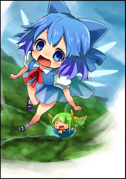 sasoribi-dekine, cirno, daiyousei, embodiment of scarlet devil, touhou, 2girls, blue eyes, blue hair, border, bow, flying, hair bow, multiple girls, short hair, wings