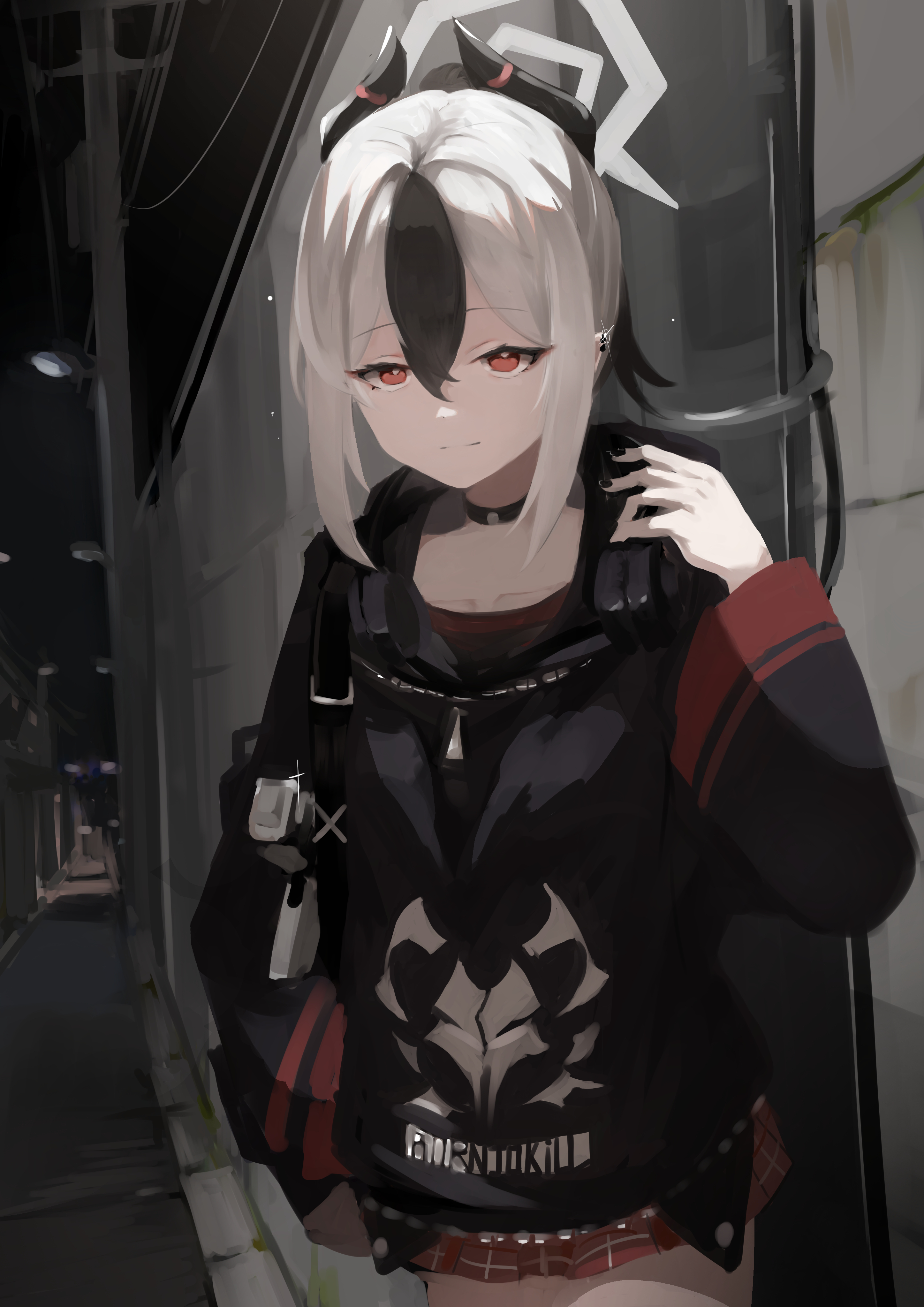 kayoko (blue archive), blue archive, absurdres, commentary, highres, 1girl, artist garam, black choker, black hair, black hoodie, black horns, black sky, choker, closed mouth, cowboy shot, demon horns, earclip, english text, glint, grey halo, gun, h&k p30, hair between eyes, halo, hand in pocket, handgun, headphones, headphones around neck, holster, holstered, hood, hoodie, horns, lamppost, light smile, long sleeves, miniskirt, multicolored hair, night, outdoors, ponytail, power lines, print hoodie, red eyes, red skirt, road, shoulder holster, skirt, sky, solo, street, two-tone hair, urban, utility pole, weapon, white hair