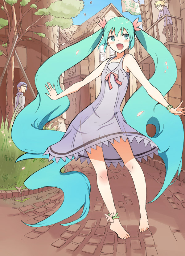 hyakuen raitaa, hatsune miku, hatsune miku (white one-piece), kagamine len, kaito (vocaloid), project diva (series), project diva 2nd, vocaloid, 1girl, 2boys, anklet, aqua eyes, aqua hair, barefoot, blush, dress, feet, jewelry, legs, long hair, multiple boys, outdoors, petals, smile, solo focus, toes, twintails, very long hair