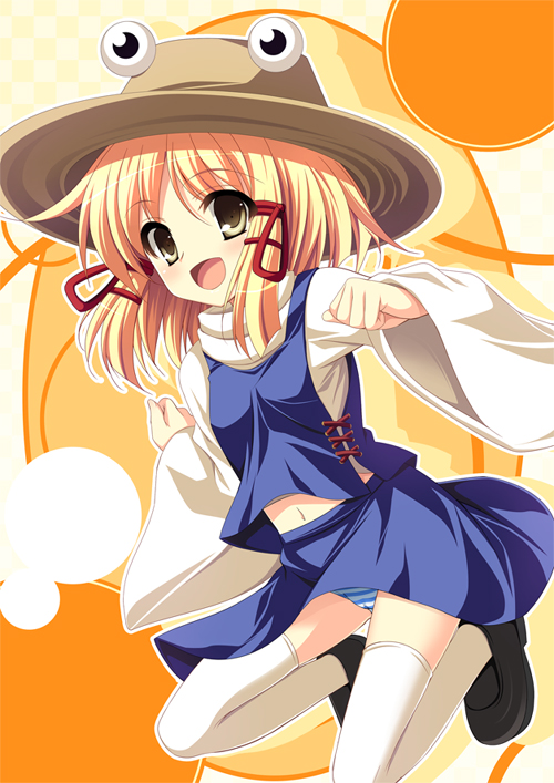 yukizuki chikuba, moriya suwako, touhou, 1girl, blonde hair, brown eyes, female focus, hair ribbon, hat, jumping, looking at viewer, navel, open mouth, panties, pantyshot, ribbon, short hair, smile, solo, striped clothes, striped panties, thighhighs, underwear, white thighhighs, wide sleeves