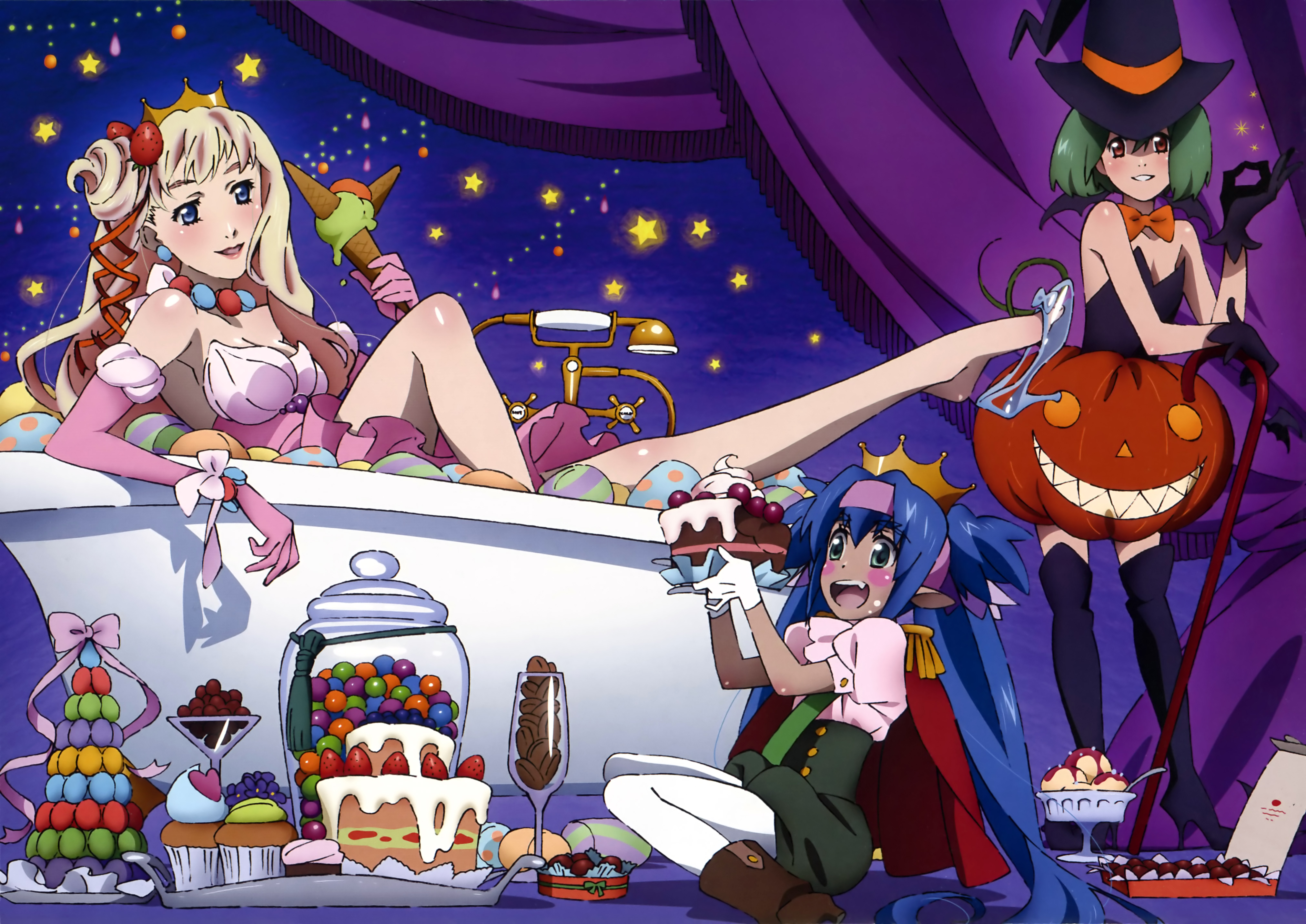 klan klein, meltrandi, ranka lee, sheryl nome, zentradi, macross, macross frontier, absurdres, highres, official art, 3girls, alternate costume, bathtub, blonde hair, blue eyes, blue hair, cake, candy, cape, child, cookie, crown, cupcake, feet, food, fruit, full body, glass, green hair, hat, high-waist shorts, ice cream, jack-o'-lantern, lips, long hair, multiple girls, pastry, pumpkin, pumpkin-shaped pants, shoe dangle, shorts, star (symbol), strawberry, very long hair, witch hat