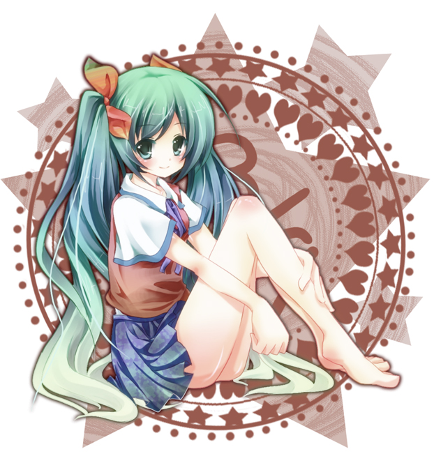 yonema, hatsune miku, vocaloid, bad id, bad pixiv id, 1girl, aqua eyes, aqua hair, barefoot, bow, female focus, full body, hair bow, hair ribbon, legs, long hair, ribbon, school uniform, sitting, skirt, smile, solo, twintails, very long hair