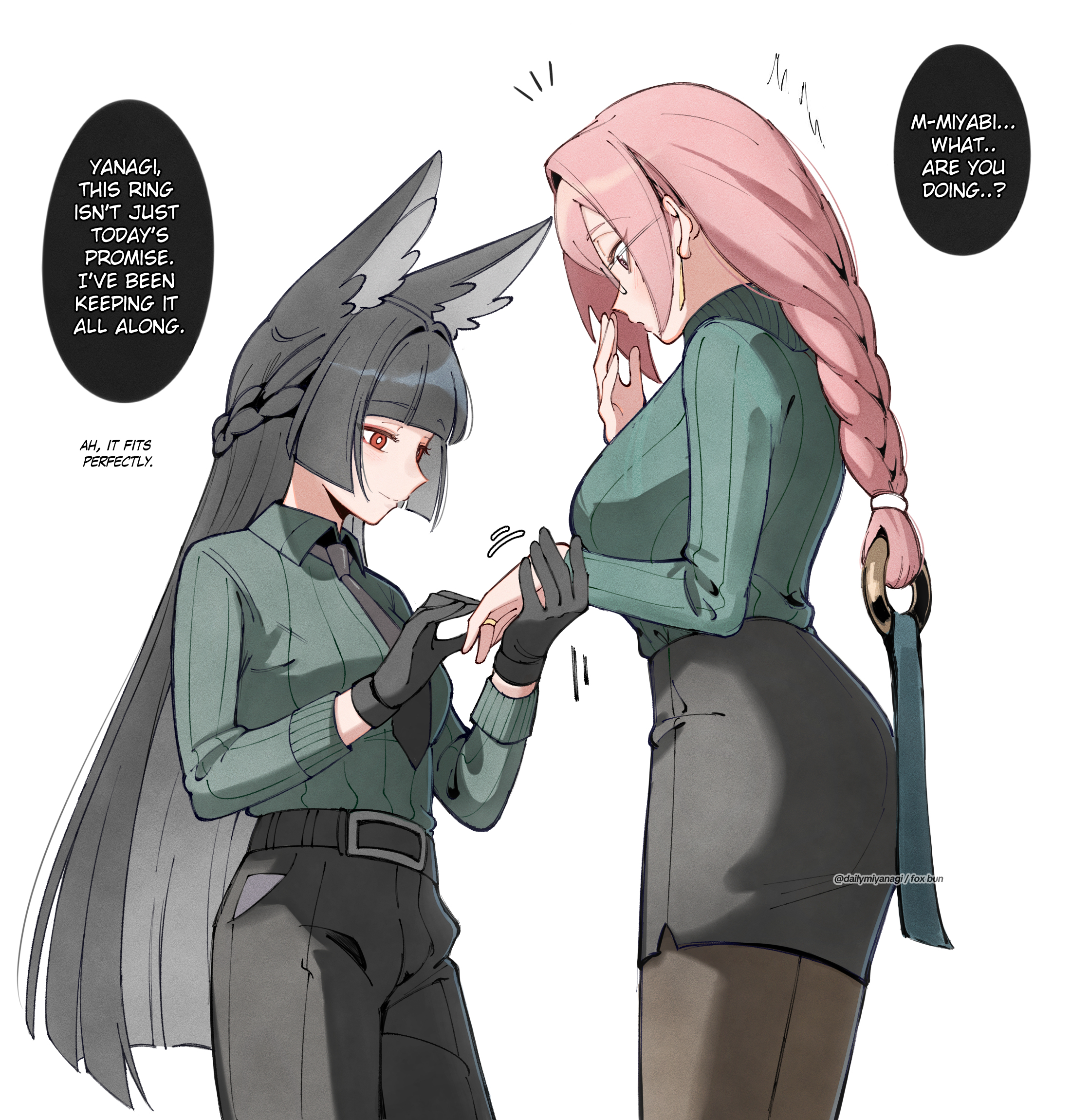 dailymiyanagi, hoshimi miyabi, tsukishiro yanagi, zenless zone zero, commentary, english commentary, highres, 2girls, animal ears, black hair, black necktie, black pants, black skirt, braid, braided ponytail, breasts, closed mouth, english text, fox ears, fox girl, glasses, green sweater, large breasts, long hair, medium breasts, multiple girls, necktie, pants, pencil skirt, pink hair, red eyes, simple background, skirt, smile, sweater, white background, yuri