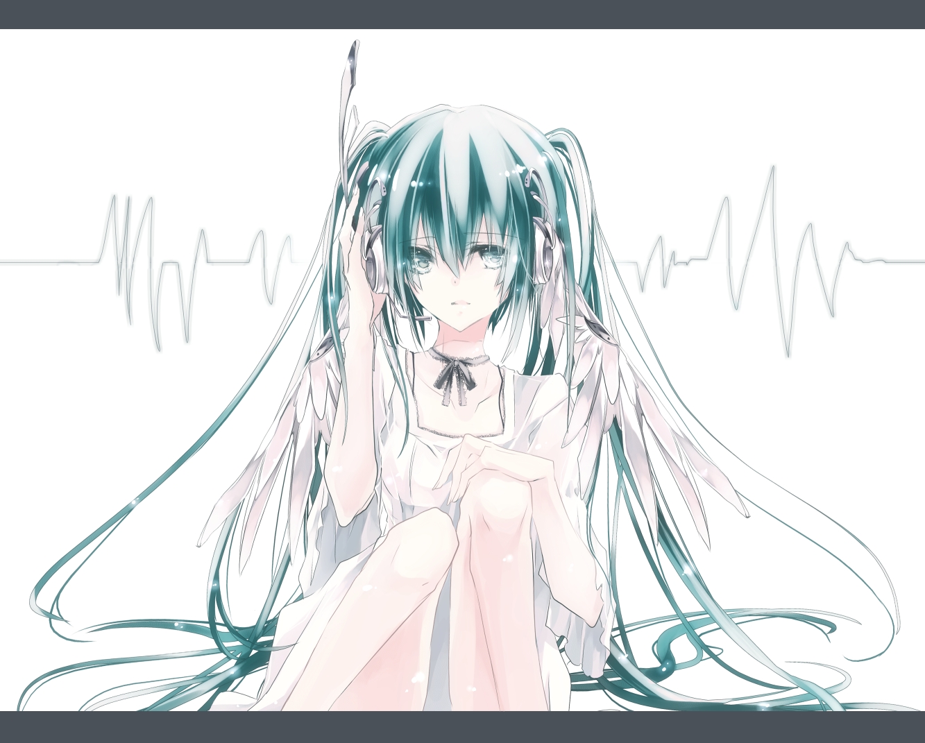 laruha, hatsune miku, vocaloid, bad id, bad pixiv id, 1girl, aqua eyes, aqua hair, female focus, hand on headphones, hand on own knee, headphones, letterboxed, long hair, sitting, solo, twintails, wings