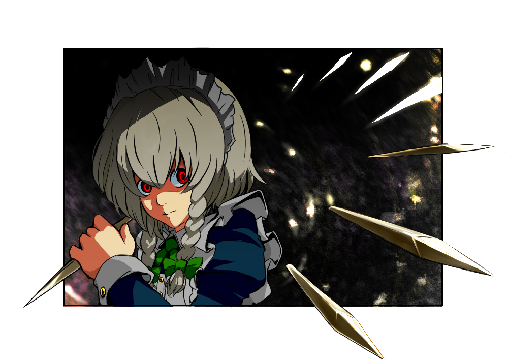 yokohachi, izayoi sakuya, embodiment of scarlet devil, touhou, silver hair, 1girl, braid, female focus, red eyes, short hair, solo, twin braids