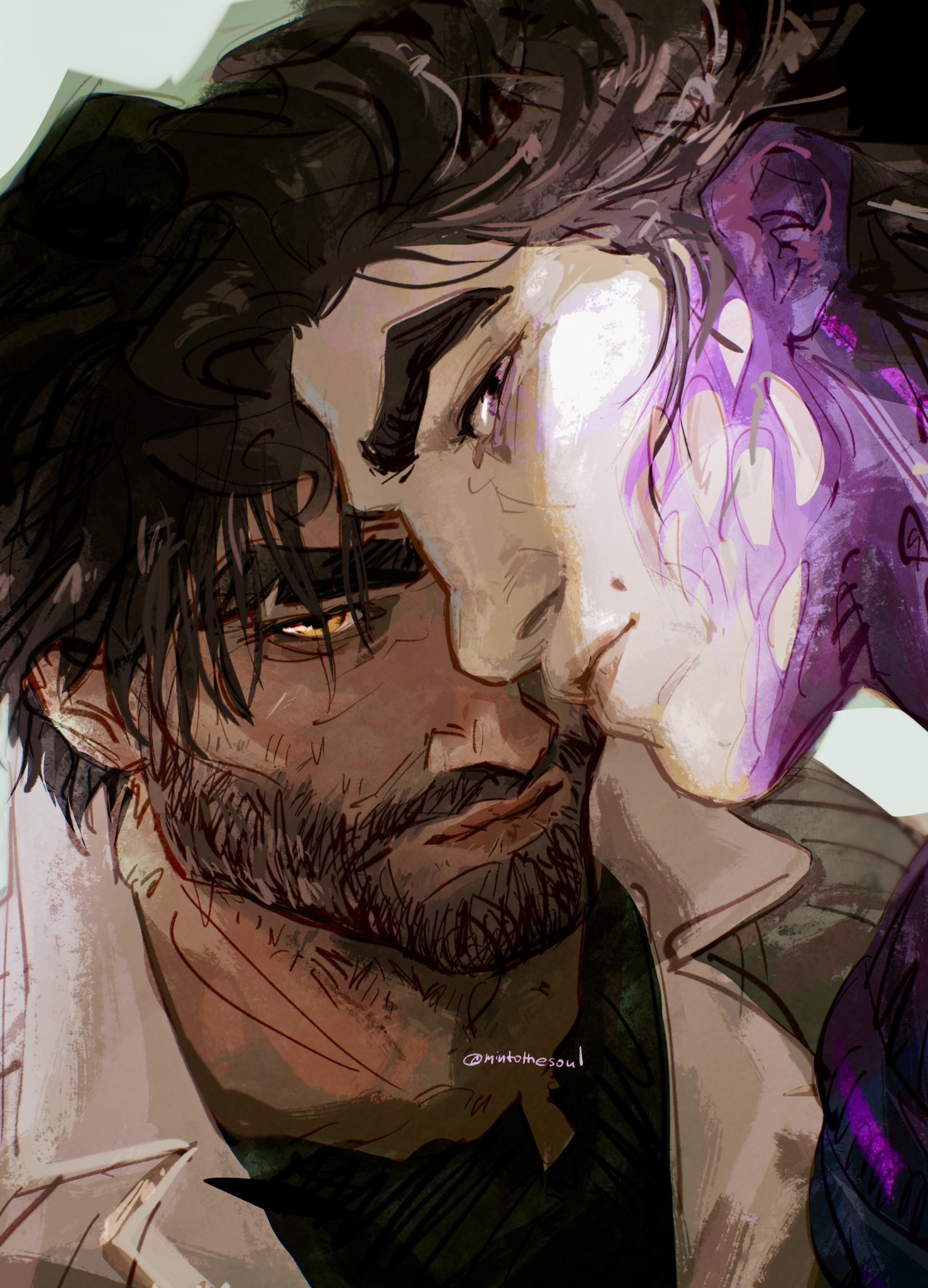 mintothesoul, arcane survivor jayce, jayce (league of legends), viktor (arcane), viktor (league of legends), arcane: league of legends, league of legends, hashtag-only commentary, highres, 2boys, beard, black shirt, brown hair, facial hair, jacket, lapels, looking at viewer, male focus, material growth, multiple boys, notched lapels, shirt, thick eyebrows, twitter username, white background, yellow eyes