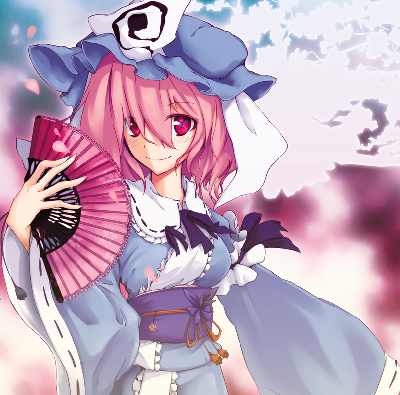 yuuki. (limit), saigyouji yuyuko, touhou, 1girl, female focus, folding fan, hand fan, pink eyes, pink hair, solo