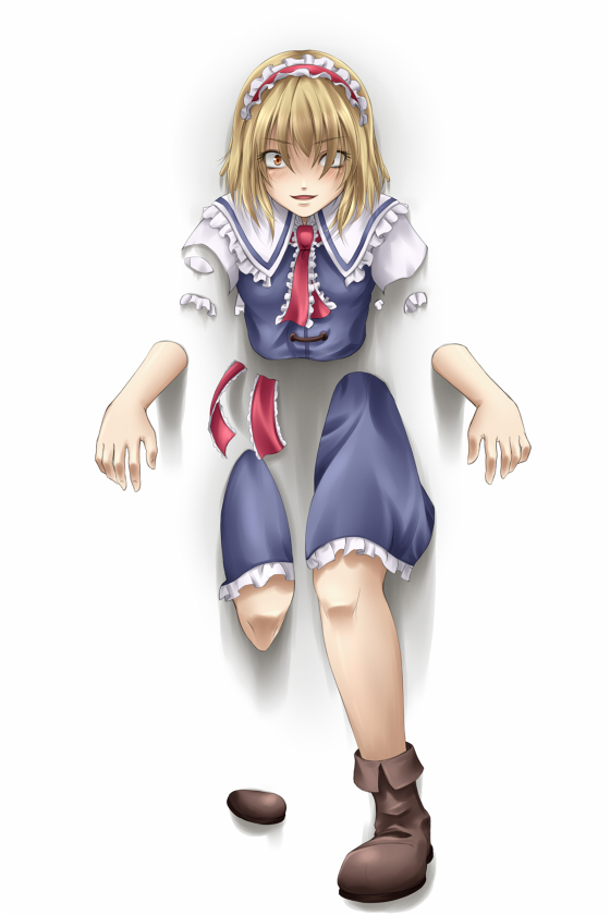 mochi.f, alice margatroid, touhou, bad id, bad pixiv id, 1girl, blonde hair, constricted pupils, female focus, fourth wall, hair over eyes, hairband, orange eyes, short hair, solo