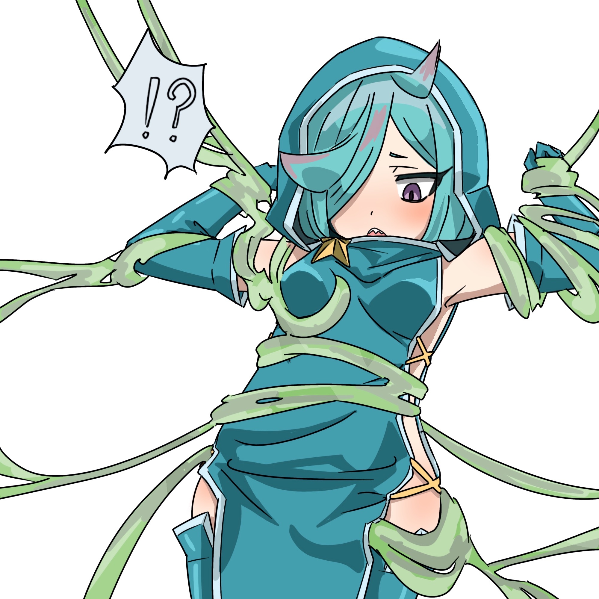 one (pixiv92832278), anemo nemo, leberblume, mahou shoujo ni akogarete, variant set, 1girl, aqua hair, armpits, arms up, blue boots, blue dress, blue gloves, boots, breasts, confused, cowboy shot, dress, elbow gloves, embarrassed, female focus, gloves, hood, hood up, hooded dress, legs together, looking down, multicolored hair, open mouth, pelvic curtain, purple eyes, purple hair, restrained, sharp teeth, short hair, sideless dress, simple background, slime (substance), small breasts, solo, standing, streaked hair, teeth, thigh boots, two-tone hair, upper teeth only, white background