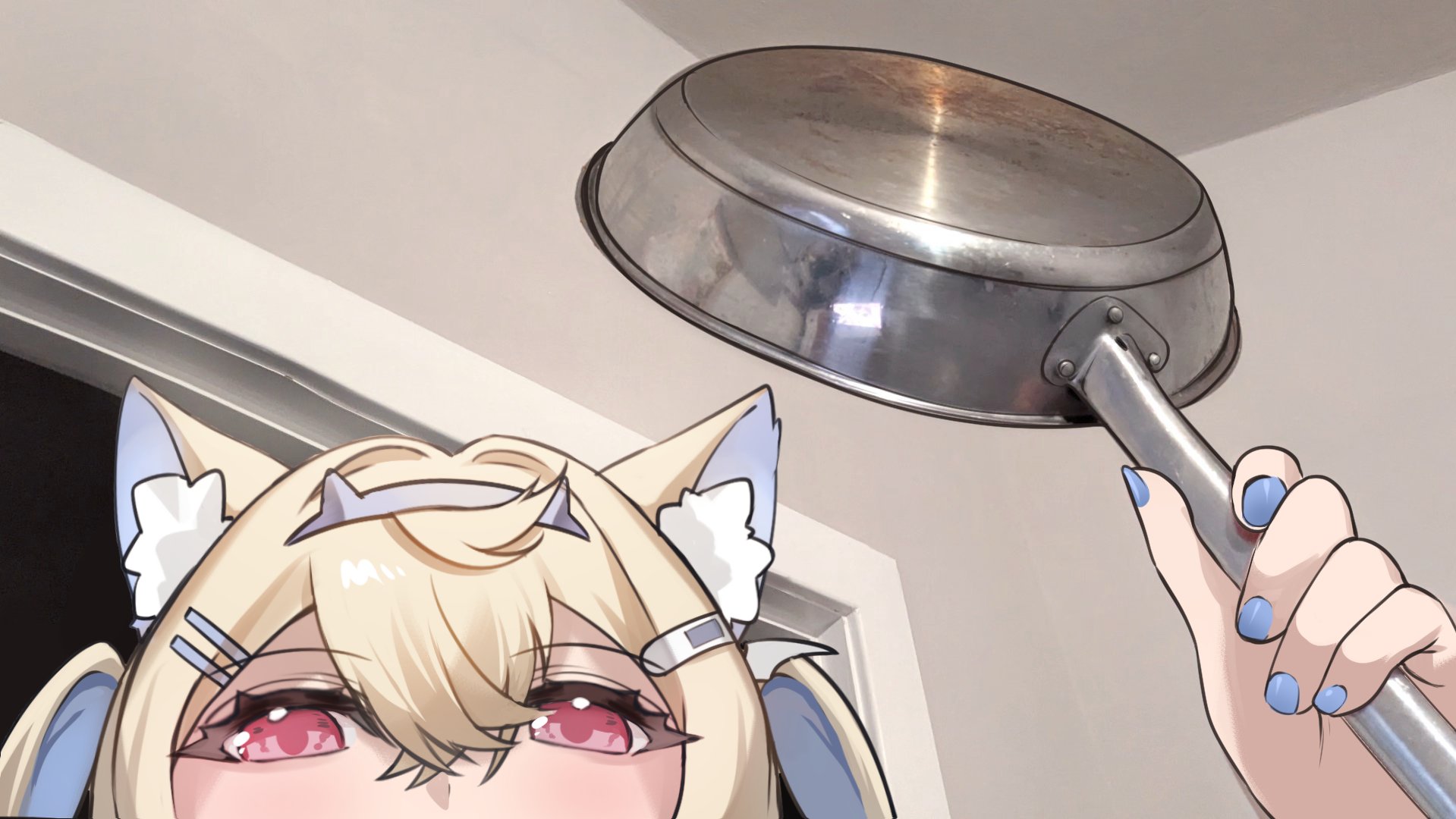 sobbi11, fuwawa abyssgard, hololive, hololive english, commentary, english commentary, highres, photo-referenced, 1girl, animal ear fluff, animal ears, bandaid, bandaid hair ornament, blonde hair, blue hair, blue hairband, blue nails, dog ears, dog girl, doorway, from below, frying pan, hair ornament, hairband, hairclip, hand up, holding, holding frying pan, indoors, looking at viewer, multicolored hair, parallel hairclips, photo background, solo, spiked hairband, spikes, two-tone background, two-tone hair, two side up, virtual youtuber