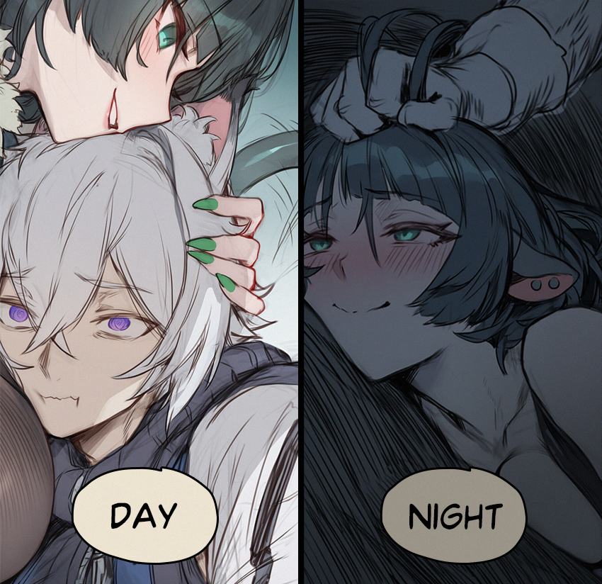 jane doe (zenless zone zero), seth lowell, zenless zone zero, 1boy, 1girl, animal ears, black hair, blush, breasts, closed mouth, day and night, esthel, gloves, green eyes, large breasts, mouse ears, mouse girl, mouse tail, short hair, simple background, smile, tail, white background