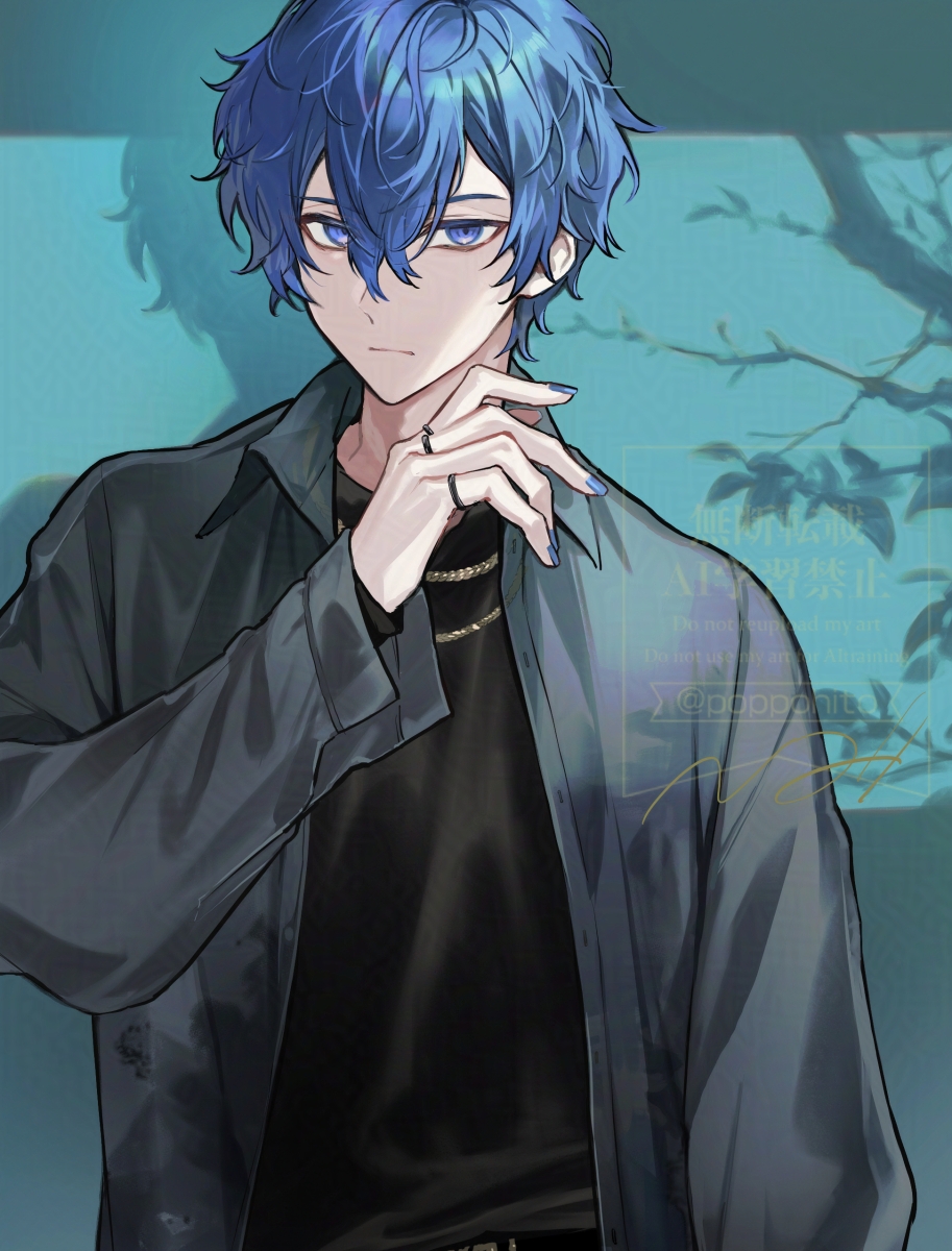 poppoman, 25-ji kaito, kaito (vocaloid), project sekai, vocaloid, adversarial noise, commentary request, highres, 1boy, :|, aqua background, black shirt, blue eyes, blue hair, blue nails, closed mouth, expressionless, grey shirt, hair between eyes, hand up, jewelry, looking at viewer, male focus, multiple rings, nail polish, necklace, open clothes, open shirt, ring, shadow, shirt, shirt under shirt, short hair, signature, solo, upper body, watermark