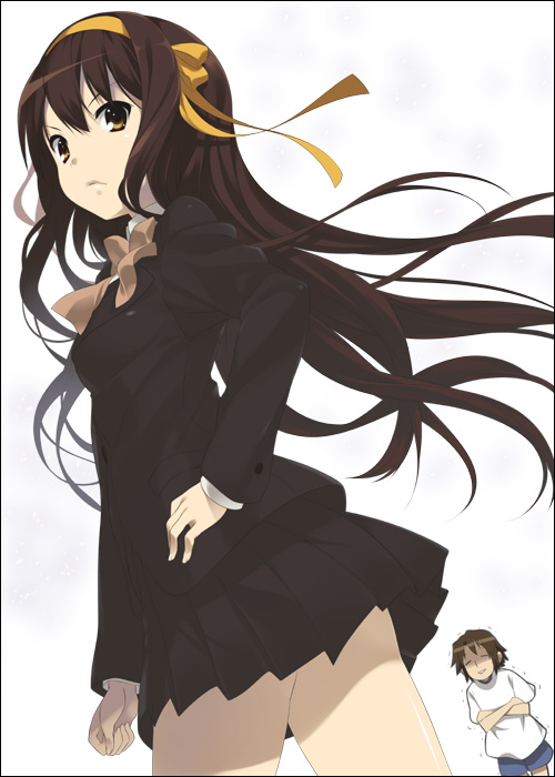 mizuki makoto, koizumi itsuki, suzumiya haruhi, suzumiya haruhi no shoushitsu, suzumiya haruhi no yuuutsu, 10s, 1boy, 1girl, black hair, blazer, brown eyes, hair ribbon, hairband, hand on own hip, jacket, kouyouen academy school uniform, official alternate hair length, official alternate hairstyle, ribbon, school uniform, shaded face, skirt, v-shaped eyebrows