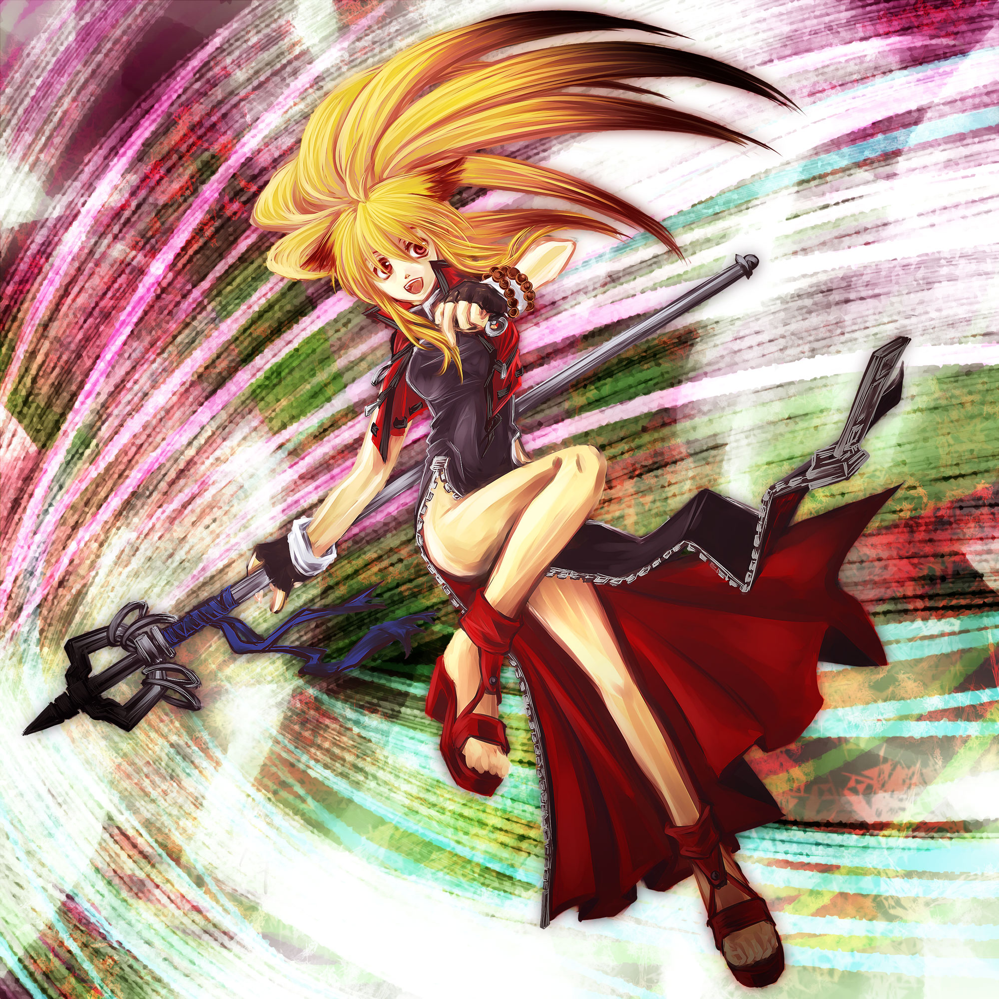 nisewado, xiaomu, banpresto, capcom, namco, namco x capcom, super robot wars, super robot wars og saga mugen no frontier, platform footwear, highres, animal ears, blonde hair, china dress, chinese clothes, dress, fingerless gloves, fox ears, fox tail, gloves, high heel sandals, high heels, platform heels, platform sandals, ponytail, red sandals, sandals, solo, staff, tail, vest, zipper