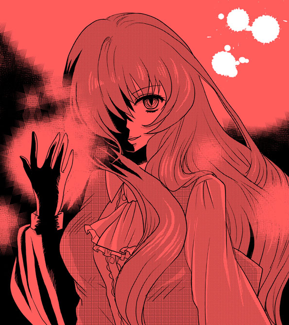 hanaki misa, misahana, kazami yuuka, kazami yuuka (pc-98), mystic square, touhou, touhou (pc-98), bad id, bad pixiv id, 1girl, ascot, blood, blood stain, female focus, hair over one eye, long hair, long sleeves, monochrome, neckerchief, plaid clothes, plaid vest, red theme, slit pupils, smile, solo, unmoving pattern, vest