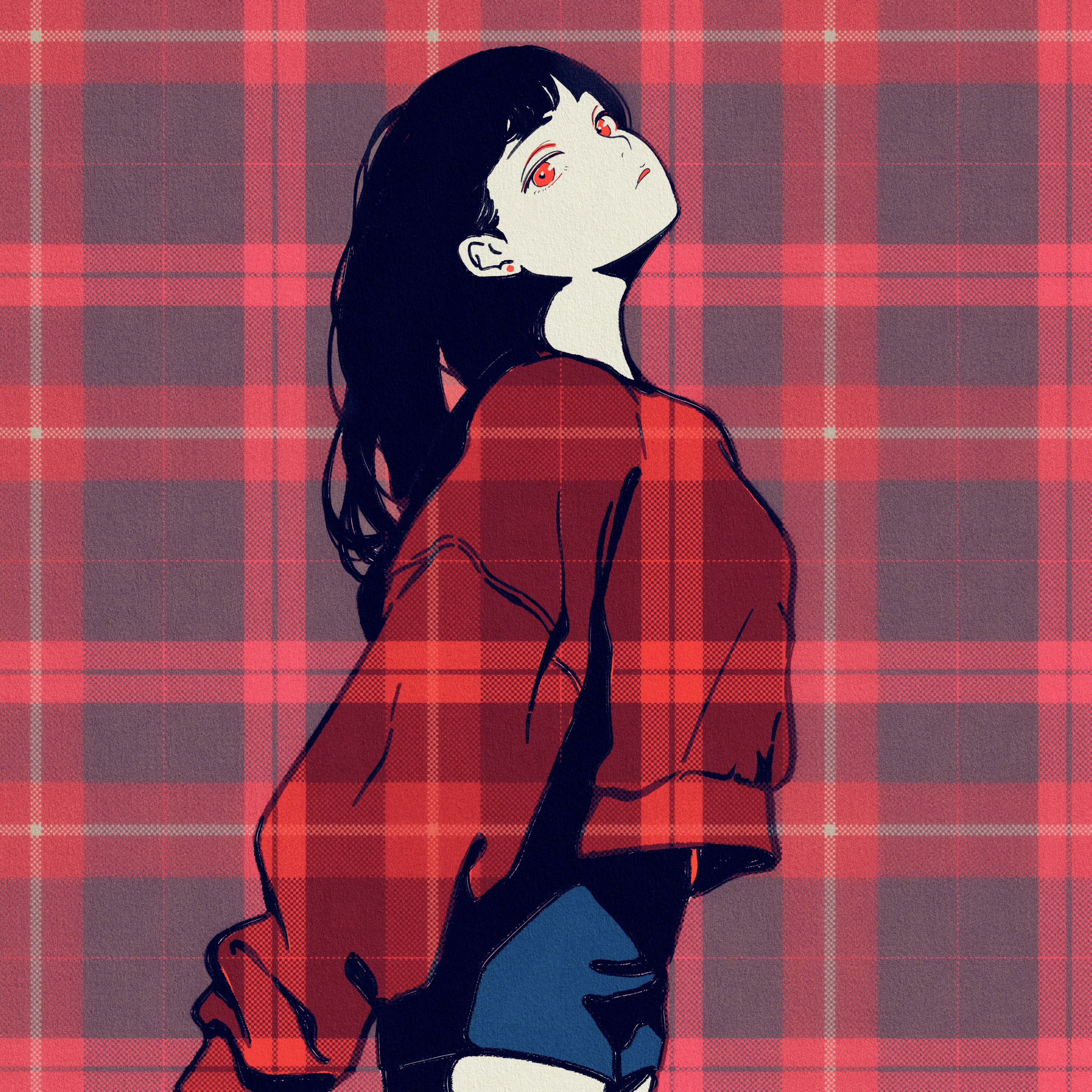 firework japan, original, absurdres, bilingual commentary, highres, mixed-language commentary, 1girl, black hair, blue shorts, cowboy shot, earrings, from side, jewelry, limited palette, long hair, looking at viewer, looking to the side, parted lips, plaid background, plaid clothes, plaid shirt, puffy sleeves, red eyes, red shirt, shirt, shirt overhang, short shorts, shorts, solo, standing, stud earrings, unmoving pattern