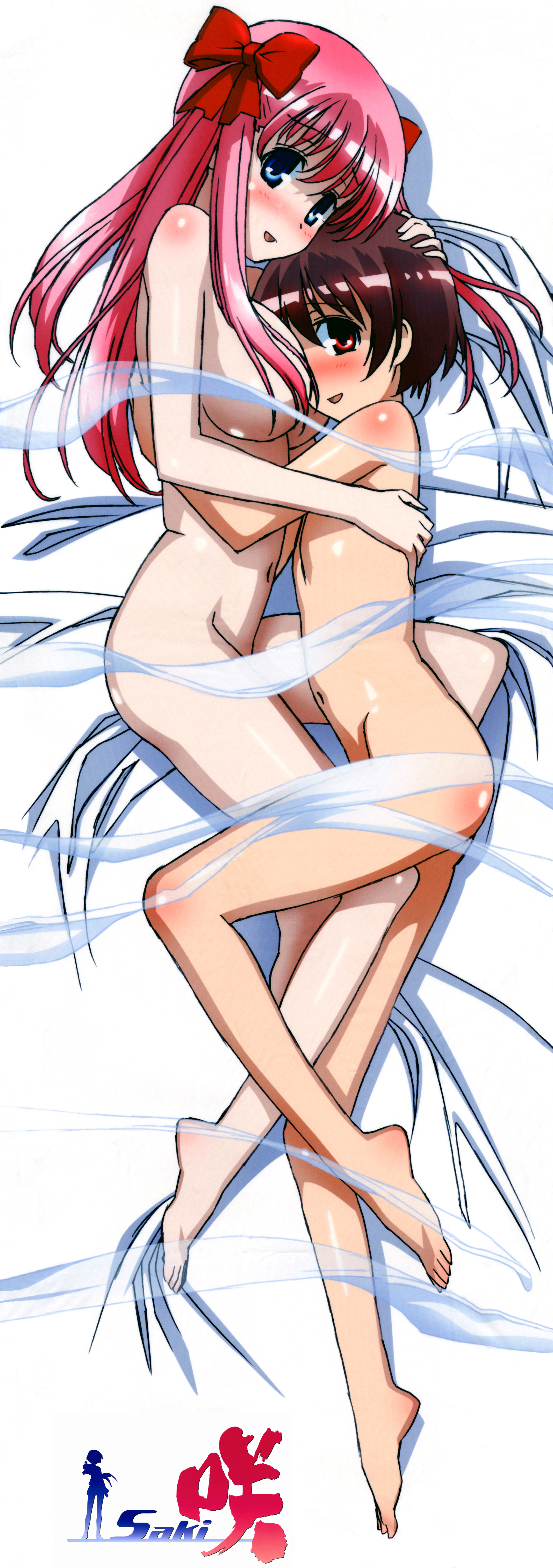 haramura nodoka, miyanaga saki, saki (manga), hand on head, absurdres, artist request, highres, long image, tall image, 2girls, bare shoulders, barefoot, bed sheet, blue eyes, blush, body blush, bow, breasts, brown hair, censored, censored nipples, convenient censoring, copyright name, dakimakura (medium), feet, female focus, flat chest, hair bow, hair over breasts, hug, legs, long hair, looking at viewer, multiple girls, navel, nude, open mouth, pink hair, red eyes, short hair, sideboob, thighs, toes, twintails, yuri