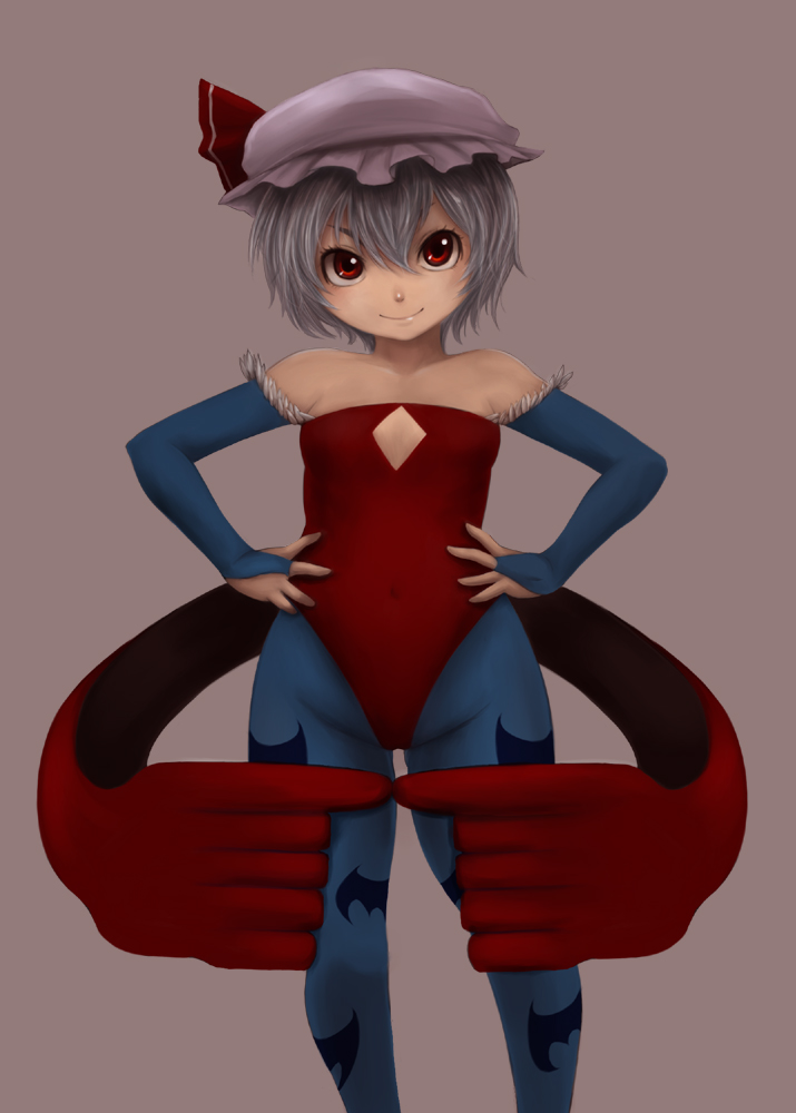 kirieppa, lilith (darkstalkers), remilia scarlet, capcom, darkstalkers, touhou, bad id, bad pixiv id, 1girl, alternate wings, animal print, ascot, bat print, blue hair, cleavage cutout, clothing cutout, cosplay, crossover, demon girl, detached sleeves, female focus, flat chest, hands on own hips, hat, leotard, lilith (darkstalkers) (cosplay), pantyhose, print pantyhose, red eyes, red leotard, short hair, solo, wings