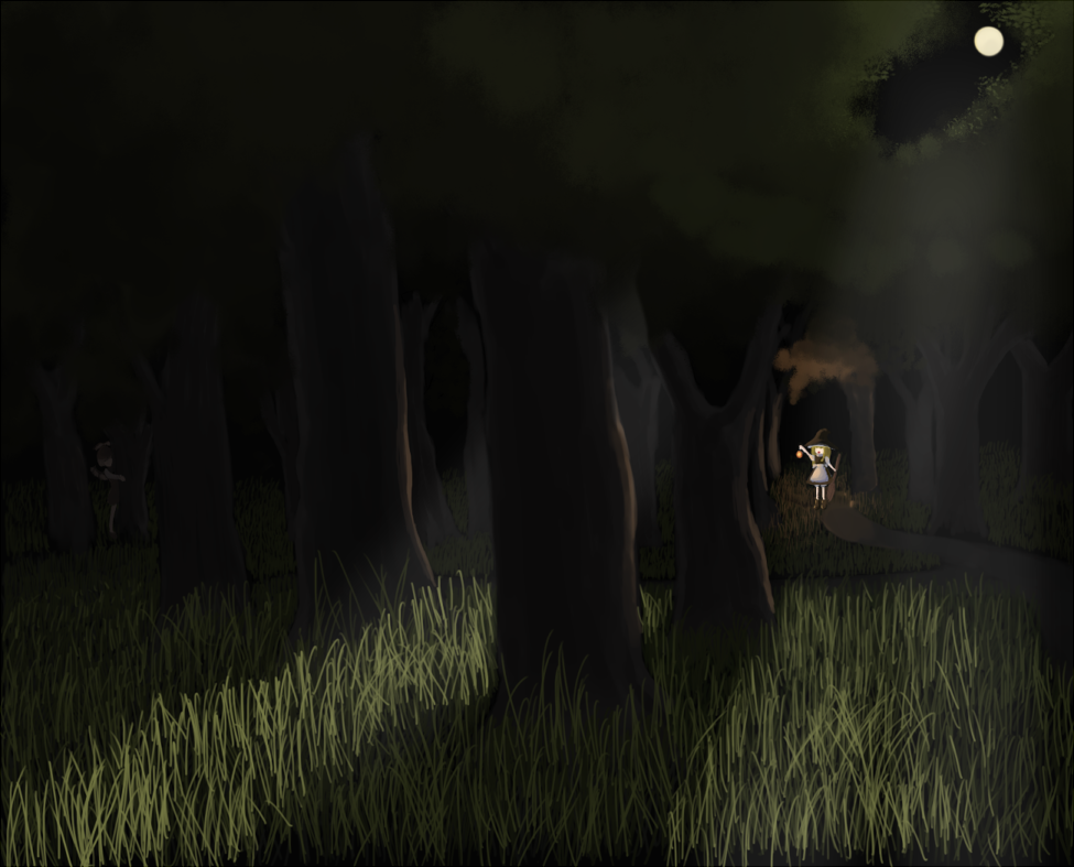 amagiwa, kirisame marisa, mystia lorelei, touhou, 1girl, broom, dark, female focus, forest, full moon, hat, hiding, moon, moonlight, nature, night, outdoors, plant, sky, solo, tree