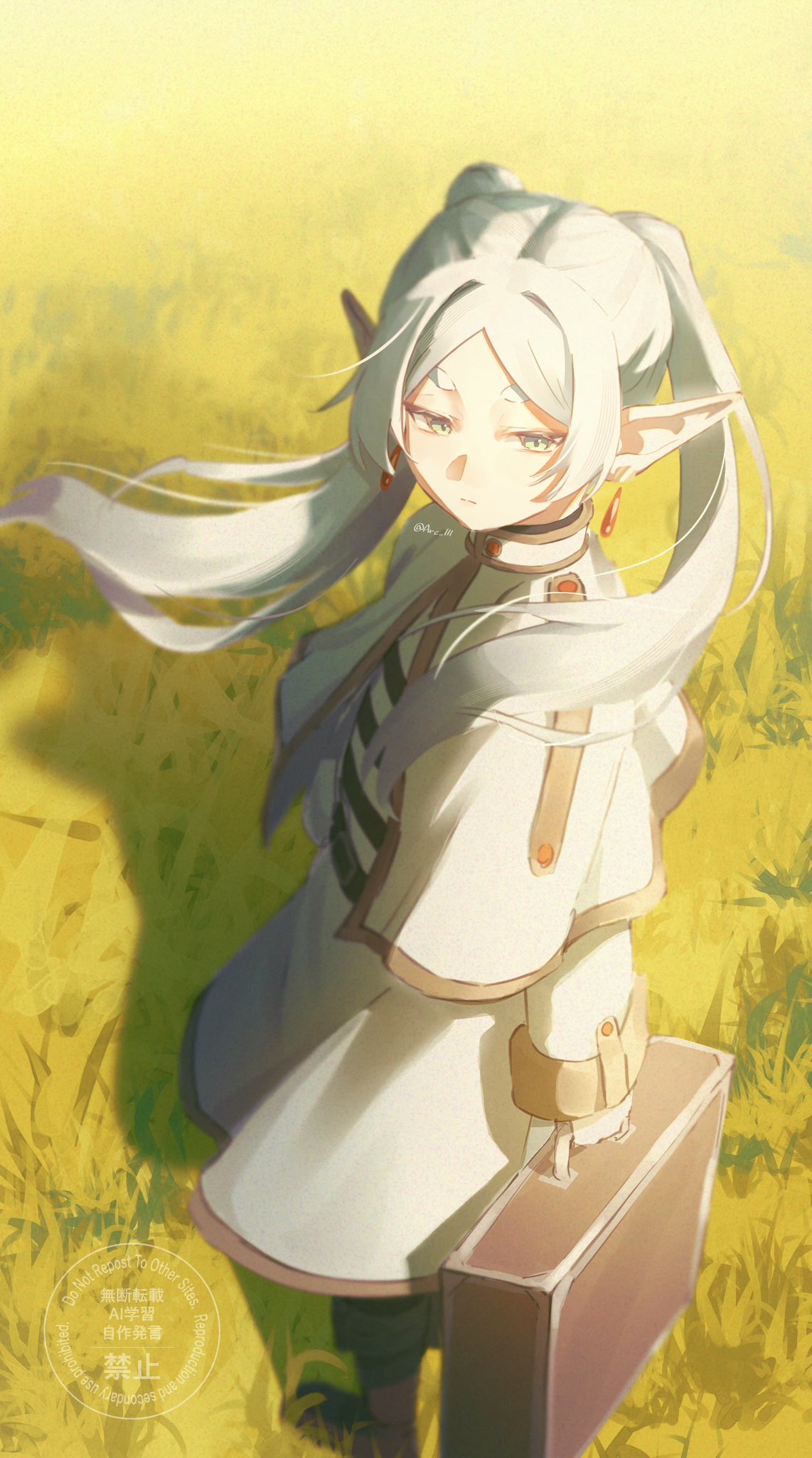 arc pic, frieren, sousou no frieren, hashtag-only commentary, highres, 1girl, capelet, earrings, elf, expressionless, full body, gold trim, green eyes, holding, holding suitcase, jewelry, long hair, long pointy ears, long sleeves, outdoors, parted bangs, pointy ears, shirt, skirt, solo, standing, striped clothes, striped shirt, suitcase, teardrop earrings, thick eyebrows, twintails, white capelet, white skirt, wrist cuffs