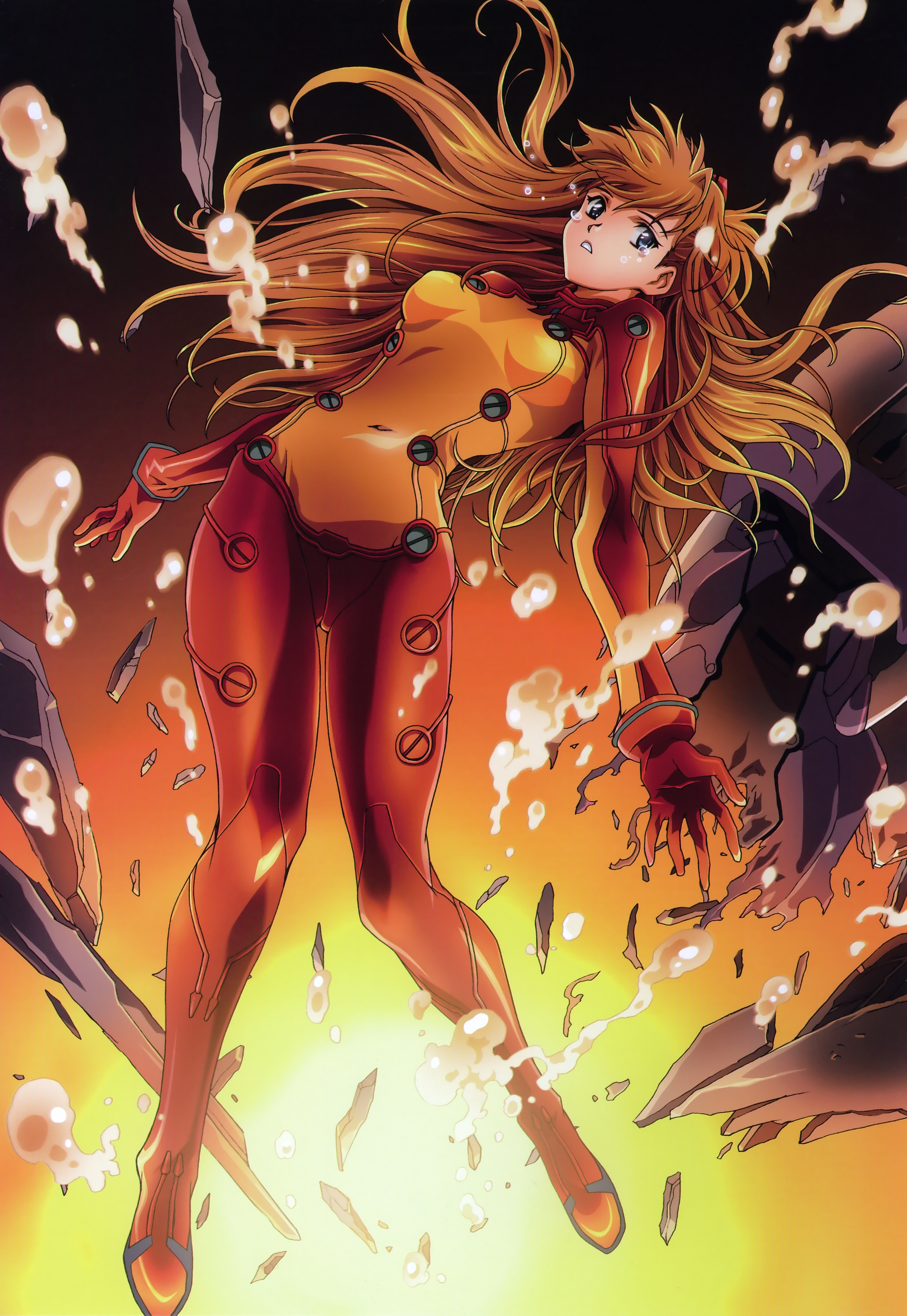 kawarajima kou, souryuu asuka langley, neon genesis evangelion, rebuild of evangelion, absurdres, highres, huge filesize, 1girl, blue eyes, bodysuit, bracer, brown hair, bubble, covered navel, damaged, female focus, floating hair, full body, gloves, gradient background, hair ornament, lcl, leaning back, long hair, looking at viewer, mecha pilot suit, orange hair, parted lips, plugsuit (evangelion), red bodysuit, see-through bodysuit, see-through clothes, shiny clothes, solo, submerged, tears, test plugsuit (evangelion), turtleneck, very long hair, wide hips