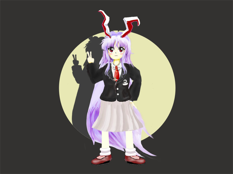 kams, reisen udongein inaba, touhou, commentary request, 1girl, animal ears, black jacket, blush stickers, brown shoes, crescent, hand up, jacket, long hair, looking at viewer, moon, necktie, pleated skirt, purple hair, rabbit ears, red eyes, red necktie, shadow, shirt, shoes, skirt, socks, standing, v, very long hair, white shirt