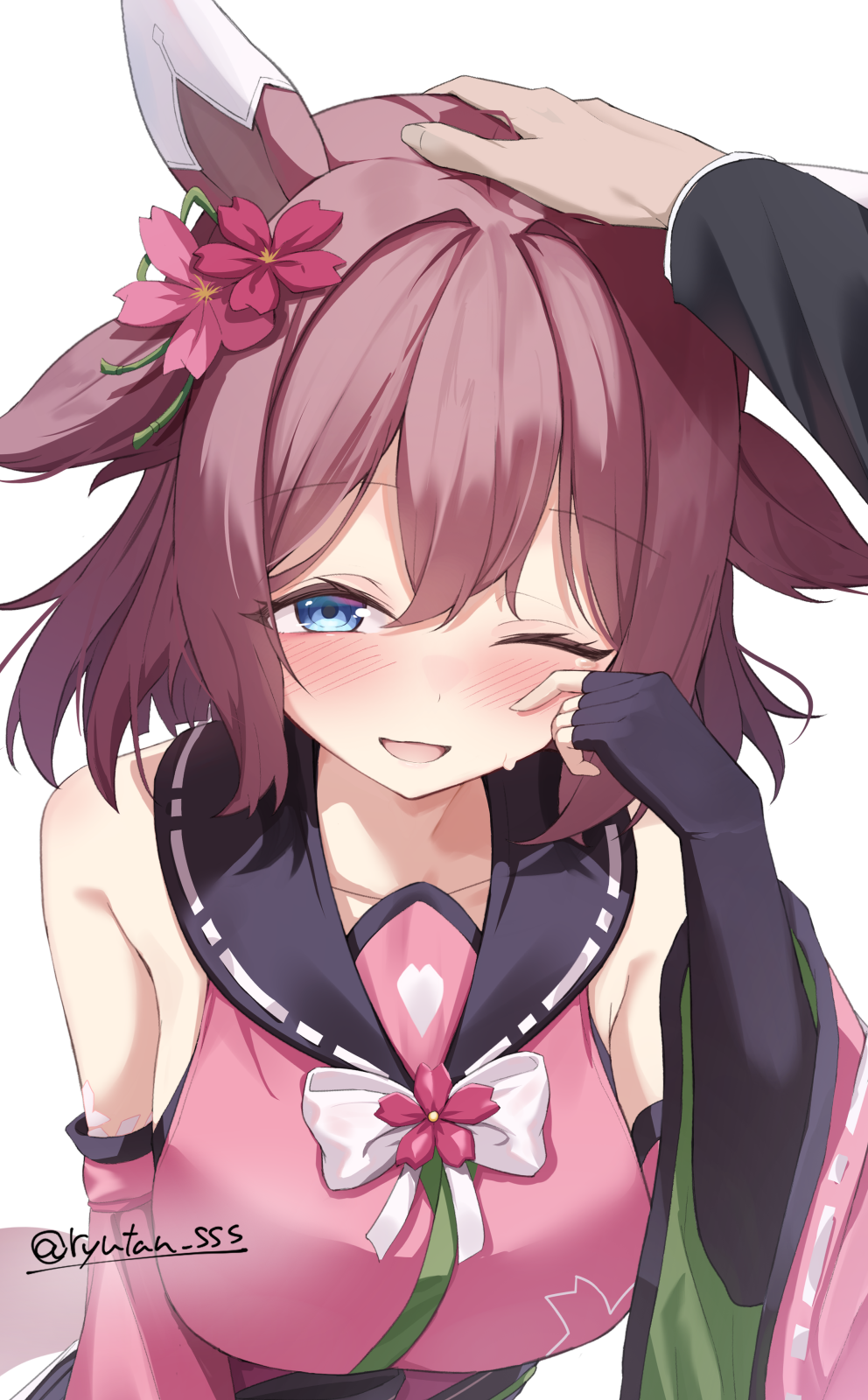 lryutanl, sakura chiyono o (hinoshita kaisan hana akari) (umamusume), sakura chiyono o (umamusume), umamusume, commentary request, highres, 1boy, 1girl, animal ears, black gloves, blue eyes, blush, breasts, brown hair, collarbone, detached sleeves, fingerless gloves, flower, gloves, hair flower, hair ornament, hand on another's head, horse ears, horse girl, large breasts, looking at viewer, one eye closed, open mouth, petting, pink sleeves, pov, red flower, short hair, simple background, smile, solo focus, tears, twitter username, white background, wide sleeves