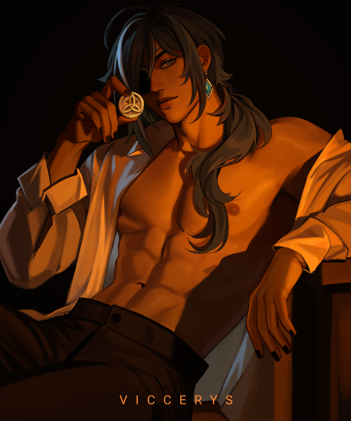 viccerys, kaeya (genshin impact), genshin impact, commentary, english commentary, 1boy, abs, arm rest, arm up, artist name, bare pectorals, black nails, black pants, blue eyes, blue hair, dark-skinned male, dark skin, earrings, eyepatch, holding, jewelry, long hair, male focus, navel, nipples, one eye covered, open clothes, open shirt, pants, parted bangs, pectorals, piercing, shirt, sitting, sleeve cuffs, solo, white shirt