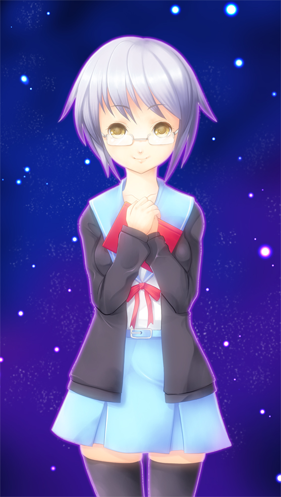koflif, nagato yuki, suzumiya haruhi no shoushitsu, suzumiya haruhi no yuuutsu, silver hair, bad id, bad pixiv id, 10s, 1girl, brown hair, cardigan, female focus, glasses, school uniform, serafuku, short hair, smile, solo, thighhighs