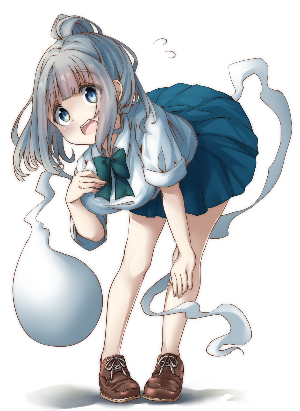 pegashi, konpaku youmu, konpaku youmu (ghost), touhou, commentary request, highres, :d, alternate breast size (larger), alternate costume, alternate hair length, alternate hairstyle, bent over, blue eyes, breasts, brown shoes, collared shirt, flying sweatdrops, full body, green skirt, grey hair, hand on own chest, large breasts, loafers, long hair, miniskirt, open mouth, ponytail, school uniform, shirt, shoes, skirt, sleeves rolled up, smile, teeth, upper teeth only, white shirt