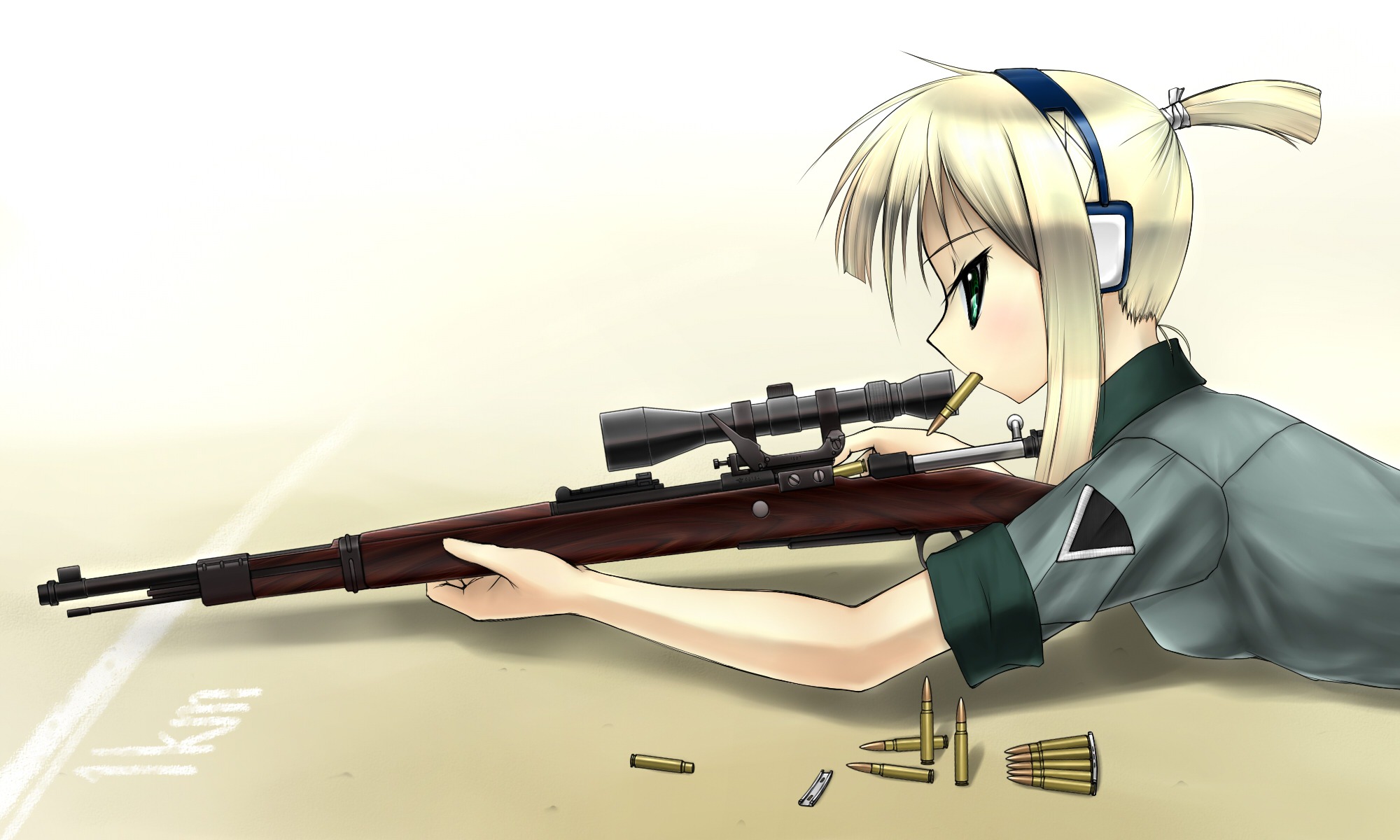 yuaa, iris (material sniper), material sniper, highres, 1girl, blonde hair, bolt action, bullet, clip (weapon), ear protection, female focus, green eyes, gun, headphones, karabiner 98k, lying, mauser 98, mouth hold, ponytail, rifle, scope, sleeves rolled up, sniper rifle, solo, weapon