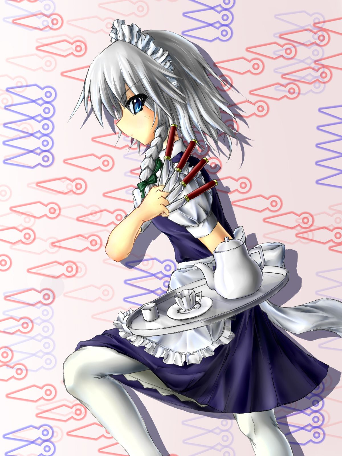 yuaa, izayoi sakuya, touhou, silver hair, highres, 1girl, blue eyes, braid, cup, female focus, knife, maid, maid headdress, pantyhose, solo, teacup, teapot, throwing knife, twin braids, weapon