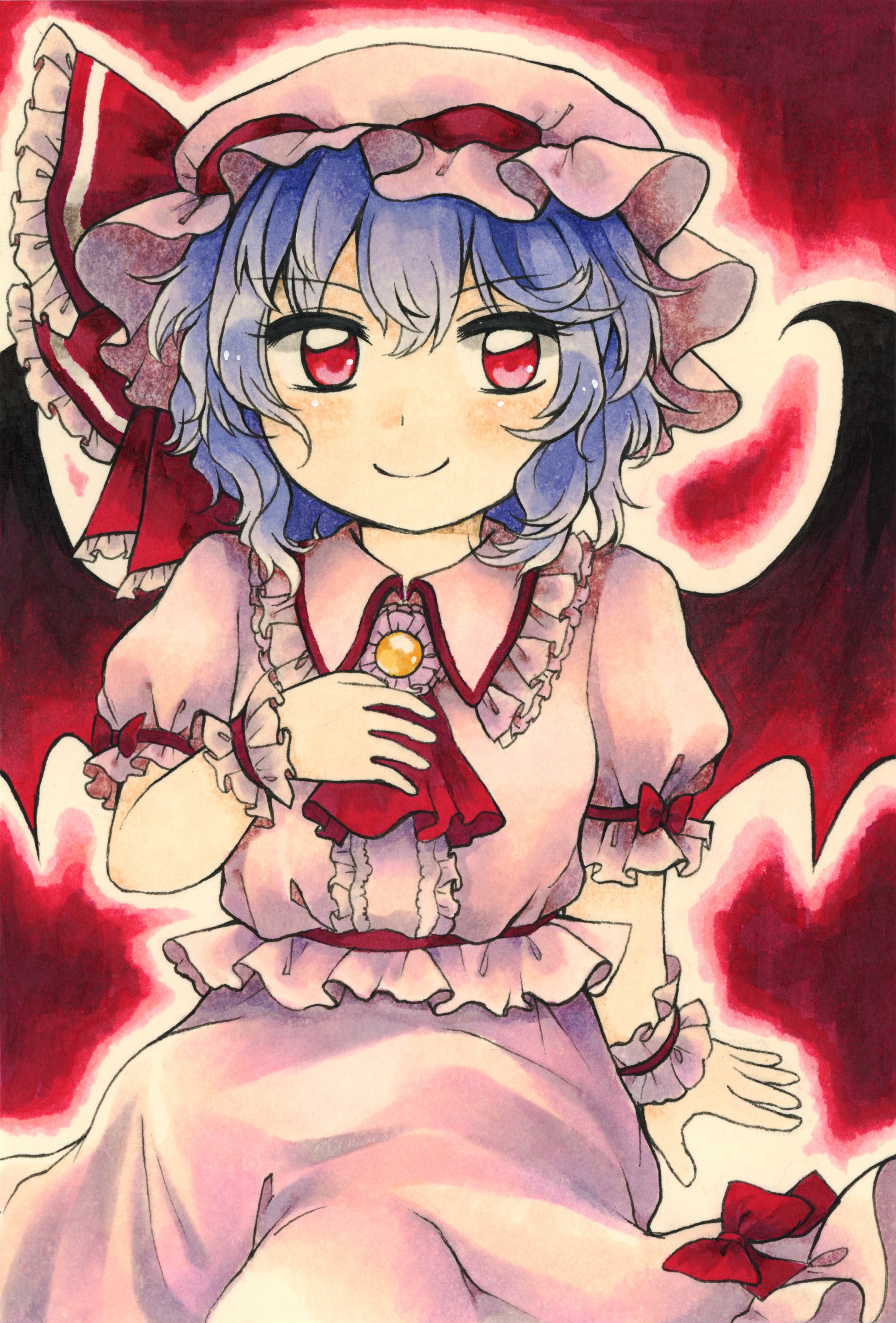 maa (forsythia1729), remilia scarlet, touhou, absurdres, bad id, bad pixiv id, commentary request, highres, traditional media, 1girl, ascot, bat wings, blue hair, bow, brooch, closed mouth, crossed legs, hat, hat ribbon, jewelry, looking at viewer, medium hair, mob cap, pink hat, pink shirt, pink skirt, puffy short sleeves, puffy sleeves, purple hair, red ascot, red background, red bow, red eyes, ribbon, shirt, short sleeves, skirt, skirt bow, skirt set, sleeve bow, smile, solo, wings, wrist cuffs
