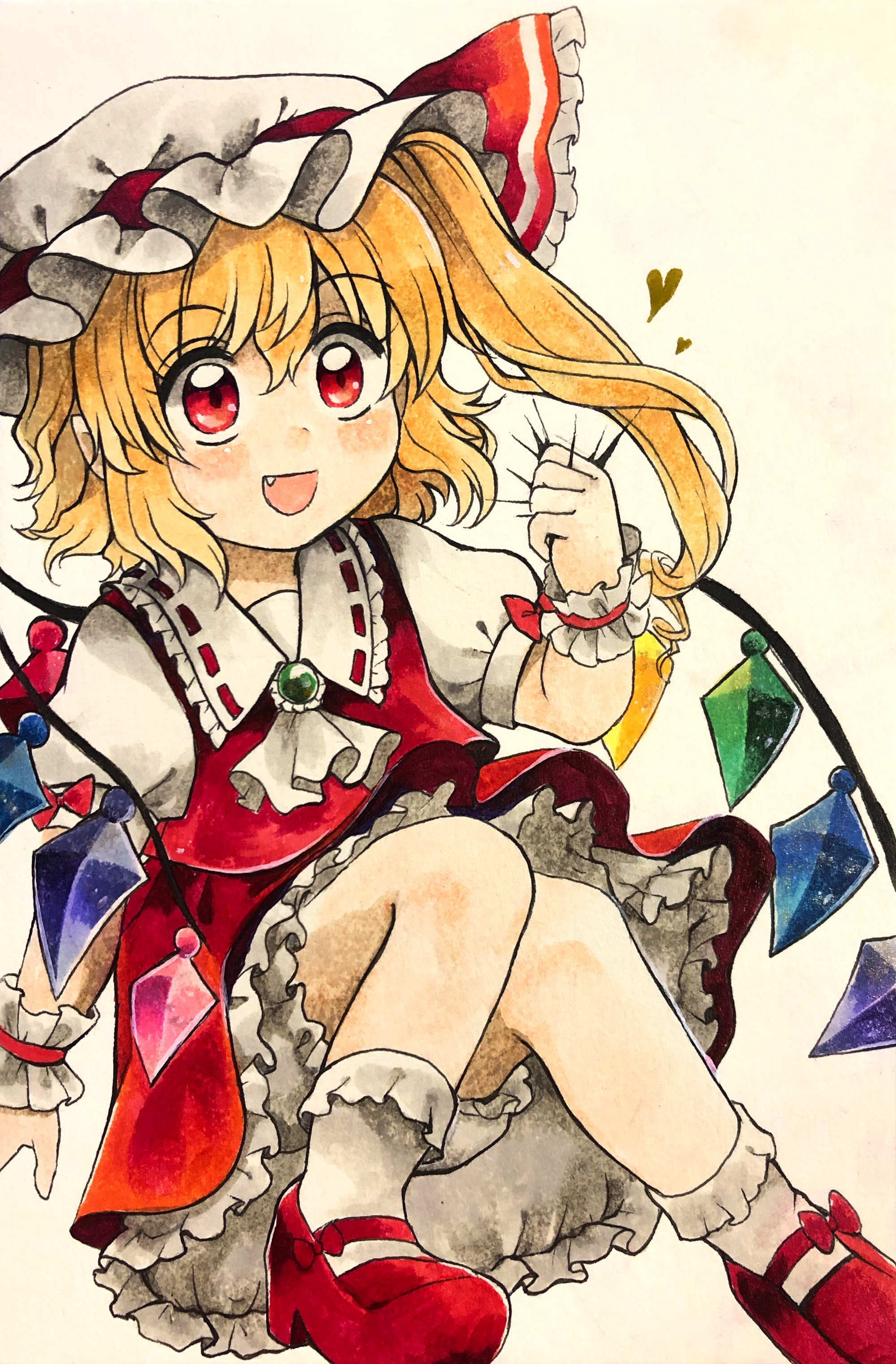 maa (forsythia1729), flandre scarlet, touhou, absurdres, bad id, bad pixiv id, commentary request, highres, traditional media, 1girl, ascot, blonde hair, bloomers, bow, brooch, clenched hand, collared shirt, crystal, crystal wings, fang, frilled shirt collar, frills, hat, jewelry, mary janes, mob cap, multicolored wings, one side up, open mouth, puffy short sleeves, puffy sleeves, red bow, red eyes, red shoes, red skirt, red vest, ribbon-trimmed collar, ribbon trim, shirt, shoes, short sleeves, skirt, skirt set, sleeve bow, smile, socks, solo, underwear, vest, white ascot, white bloomers, white hat, white shirt, white socks, wings, wrist cuffs