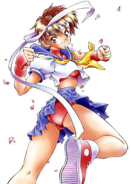 natsuno suika, kasugano sakura, capcom, street fighter, 1girl, ass, blue sailor collar, brown eyes, brown hair, buruma, female focus, fingerless gloves, gloves, looking back, pink buruma, sailor collar, school uniform, serafuku, shoes, sneakers, solo