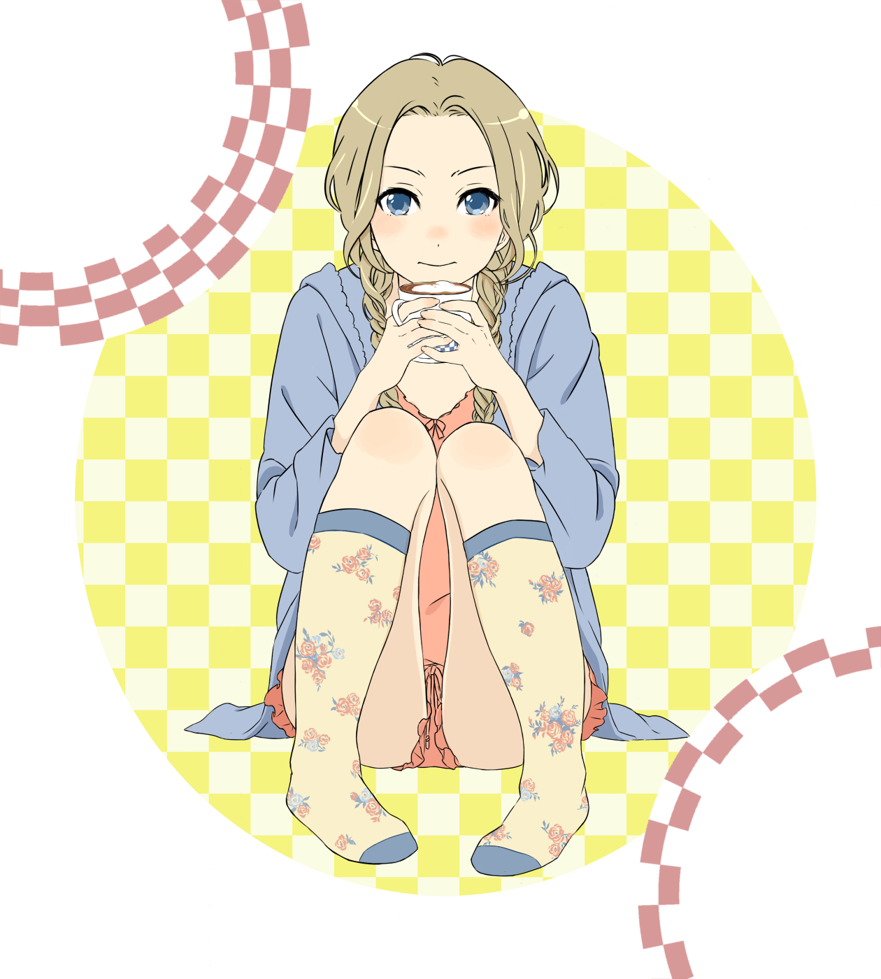 kishida nica, highres, blue eyes, braid, brown hair, cup, shorts, sitting, socks, solo, twin braids