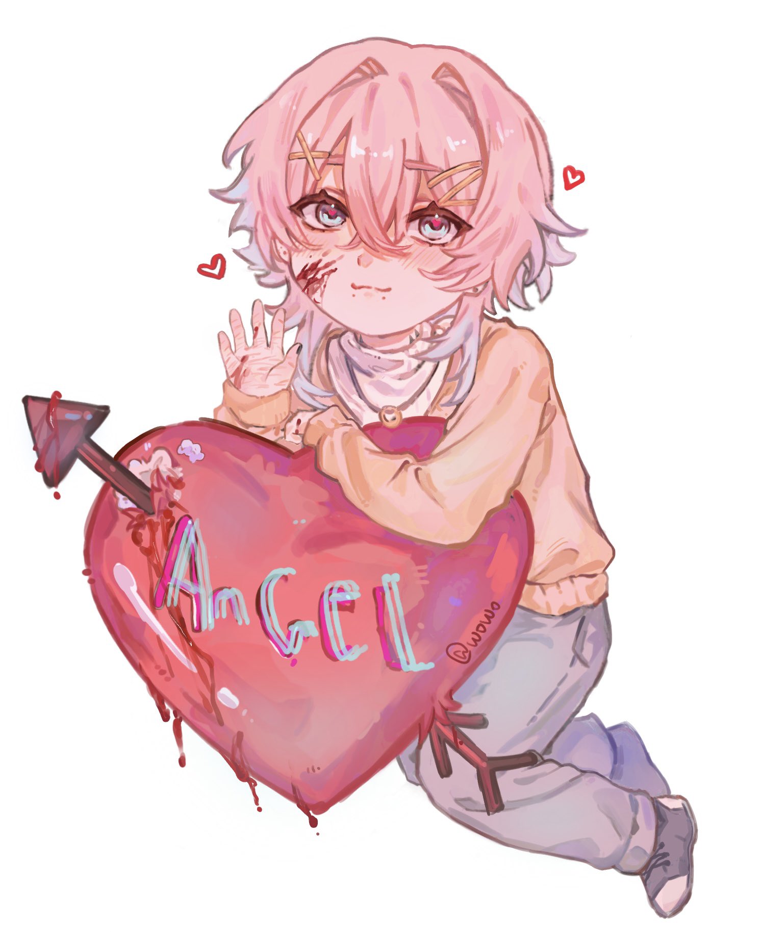 ren (14dwy), commentary request, highres, 14 days with you, 1boy, :3, arrow through heart, blood, blood on face, blood on hands, crossed bangs, double-parted bangs, english text, full body, hair between eyes, hair ornament, hairclip, hand up, heart, jewelry, looking at viewer, male focus, mwwsqqqq999, necklace, pink hair, pink pupils, short hair, solo, sweater, turtleneck, waving, white eyes, white sweater, yellow sweater