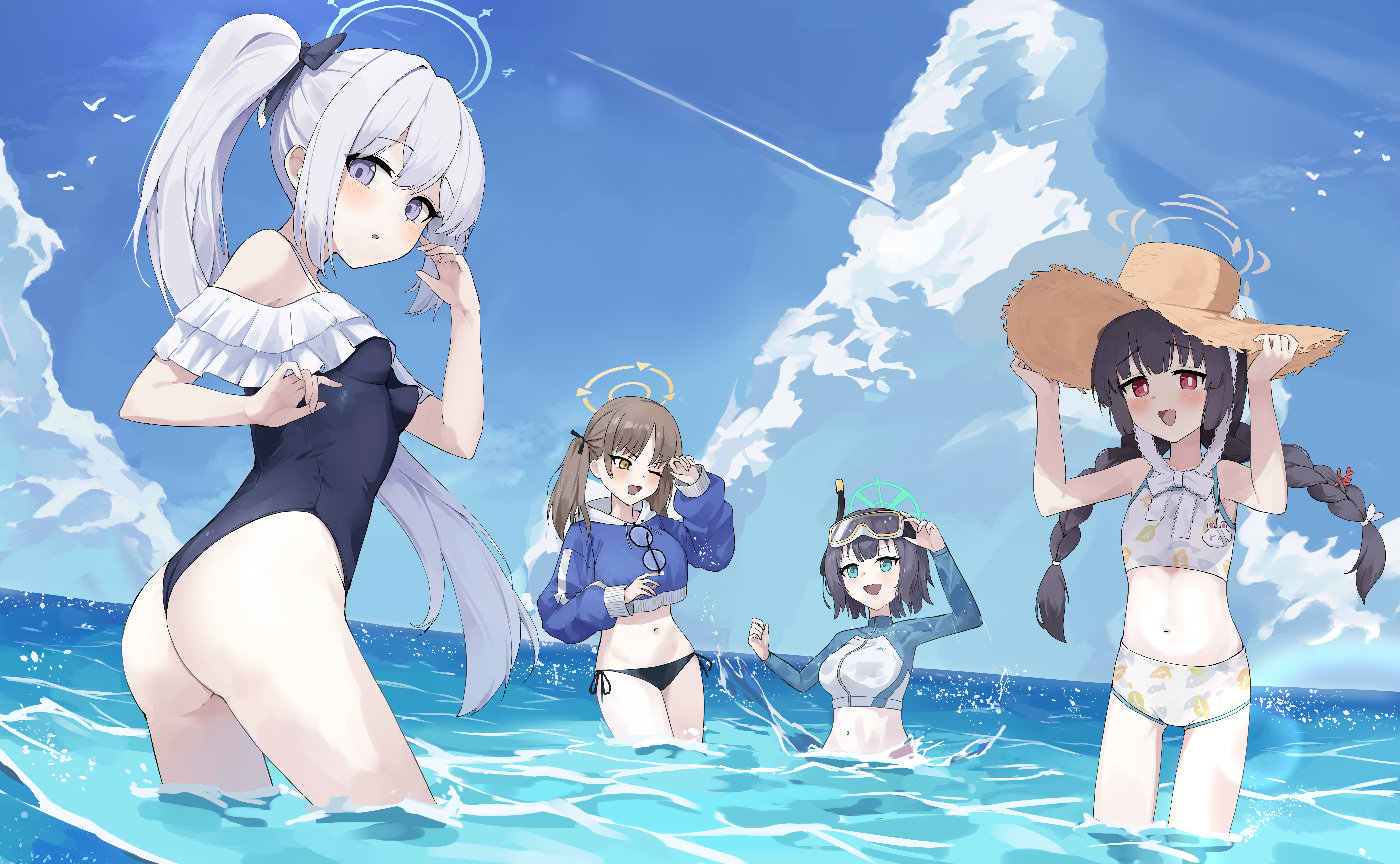 yoshiharu auf, miyako (blue archive), miyako (swimsuit) (blue archive), miyu (blue archive), miyu (swimsuit) (blue archive), moe (blue archive), moe (swimsuit) (blue archive), saki (blue archive), saki (swimsuit) (blue archive), blue archive, absurdres, commentary request, highres, 4girls, :o, ass, bikini, bikini bottom only, black bikini, black hair, blue bow, blue eyes, blue halo, blue hoodie, blue one-piece swimsuit, blue sky, blush, bow, braid, breasts, brown hair, casual one-piece swimsuit, cloud, contrail, cowboy shot, cropped hoodie, cumulonimbus cloud, day, eyewear hang, frilled one-piece swimsuit, frills, glasses, goggles, green halo, grey hair, grey halo, hair bow, halo, hat, hood, hoodie, leaf print, long hair, long sleeves, looking at viewer, low twin braids, low twintails, multiple girls, navel, ocean, off-shoulder one-piece swimsuit, off shoulder, official alternate costume, one-piece swimsuit, one eye closed, open mouth, outdoors, parted lips, partially submerged, ponytail, print bikini, purple eyes, rabbit platoon (blue archive), raglan sleeves, rash guard, red eyes, round eyewear, short hair, side-tie bikini bottom, simple bird, sky, small breasts, smile, standing, straw hat, swim goggles, swimsuit, twin braids, twintails, unworn eyewear, very long hair, wading, water, white bikini, yellow eyes, yellow halo
