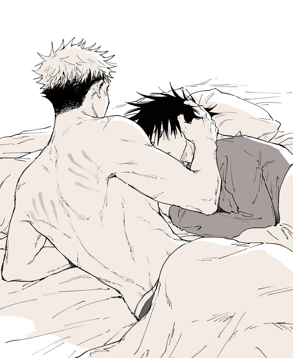 jj59u, fushiguro megumi, itadori yuuji, jujutsu kaisen, commentary request, highres, 2boys, back, bed sheet, blanket, closed eyes, closed mouth, greyscale, hand on another's head, long sleeves, looking at another, lying, male focus, monochrome, morning after, multiple boys, on bed, on side, pillow, scratches, short hair, sleeping, spiked hair, topless male, under covers, undercut, yaoi