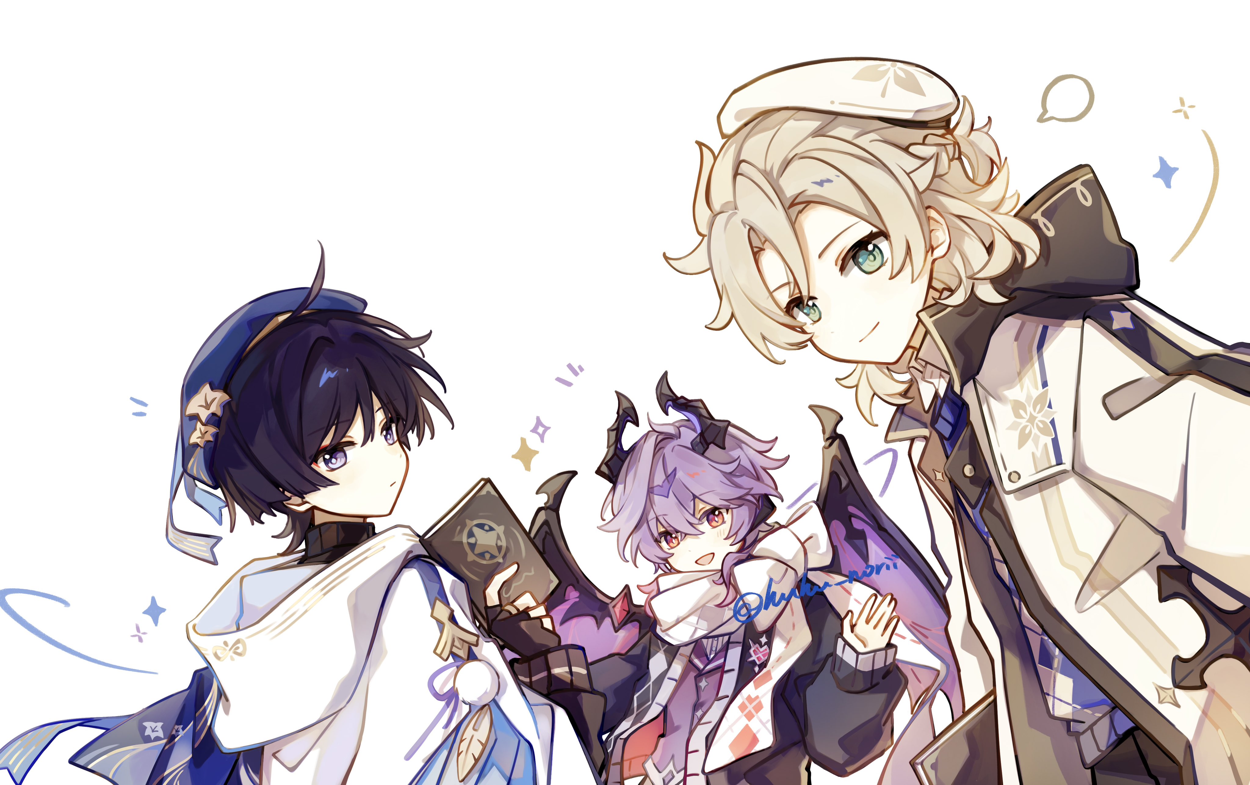 huhu norii, albedo (genshin impact), durin (genshin impact), scaramouche (genshin impact), wanderer (genshin impact), genshin impact, absurdres, highres, 3boys, ahoge, alternate costume, argyle clothes, argyle sweater, artist name, beret, black gloves, black hair, black jacket, black sweater, blonde hair, blue cape, blue hat, blue sweater, blunt ends, blush, book, bow, braid, bright pupils, buttons, cape, closed mouth, collared shirt, dragon boy, dragon horns, dragon tail, eyeshadow, fingerless gloves, floral print, from behind, gloves, gold ring, green eyes, hair between eyes, hand up, hat, heart, heart print, holding, holding book, hood, hooded jacket, horns, jacket, leaf, long sleeves, looking at viewer, makeup, male focus, multiple boys, notice lines, open clothes, open jacket, open mouth, pink eyes, pom pom (clothes), puffy long sleeves, puffy sleeves, purple eyes, purple hair, purple ribbon, purple vest, red eyeshadow, red jacket, ribbon, scarf, shirt, short hair, sidelocks, simple background, single braid, smile, sparkle, star (symbol), star button, sweater, tail, turtleneck, turtleneck sweater, two-sided fabric, two-sided jacket, vest, white background, white bow, white hat, white jacket, white pupils, white scarf, white shirt