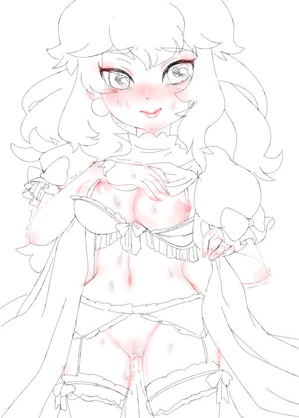 yukimimi, princess peach, mario (series), nintendo, unfinished, 1girl, blush, bra, breasts, dress, earrings, female focus, garter belt, jewelry, large breasts, lingerie, lips, long hair, navel, nipples, no panties, ribbon, sketch, solo, sweat, thighhighs, uncensored, underwear