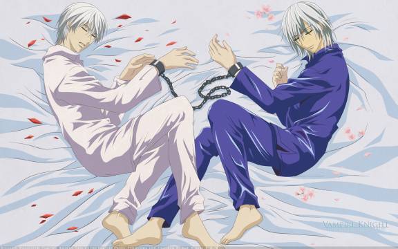 nishida asako, kiryuu ichiru, kiryuu zero, vampire knight, official art, 00s, 2boys, barefoot, bdsm, bed, bed sheet, bondage, bound, bound wrists, brothers, chain, closed eyes, cuffs, feet, from above, indoors, lying, male focus, multiple boys, on side, open mouth, outstretched arm, pajamas, petals, short hair, siblings, sleeping, smile, twins, white hair