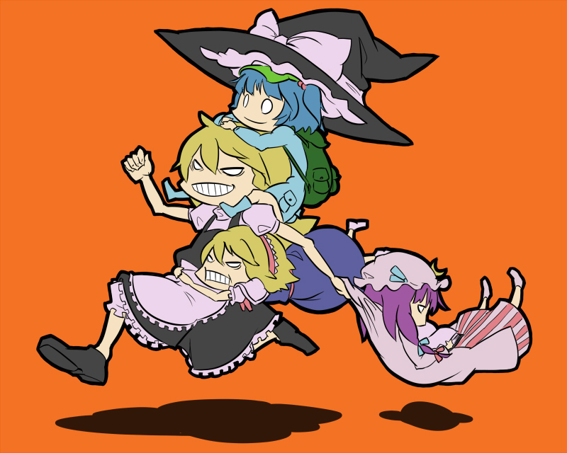 uewtsol, alice margatroid, kawashiro nitori, kirisame marisa, patchouli knowledge, subterranean animism, touhou, bad id, bad pixiv id, 4girls, apron, arms around waist, backpack, bag, blonde hair, book, carrying, clenched teeth, crescent, crescent moon, dress, female focus, grin, hair ribbon, hairband, hat, hug, moon, multiple girls, o o, open book, orange background, piggyback, randoseru, reading, ribbon, running, shadow, shoes, shoulder carry, simple background, smile, teeth, two side up, witch, witch hat