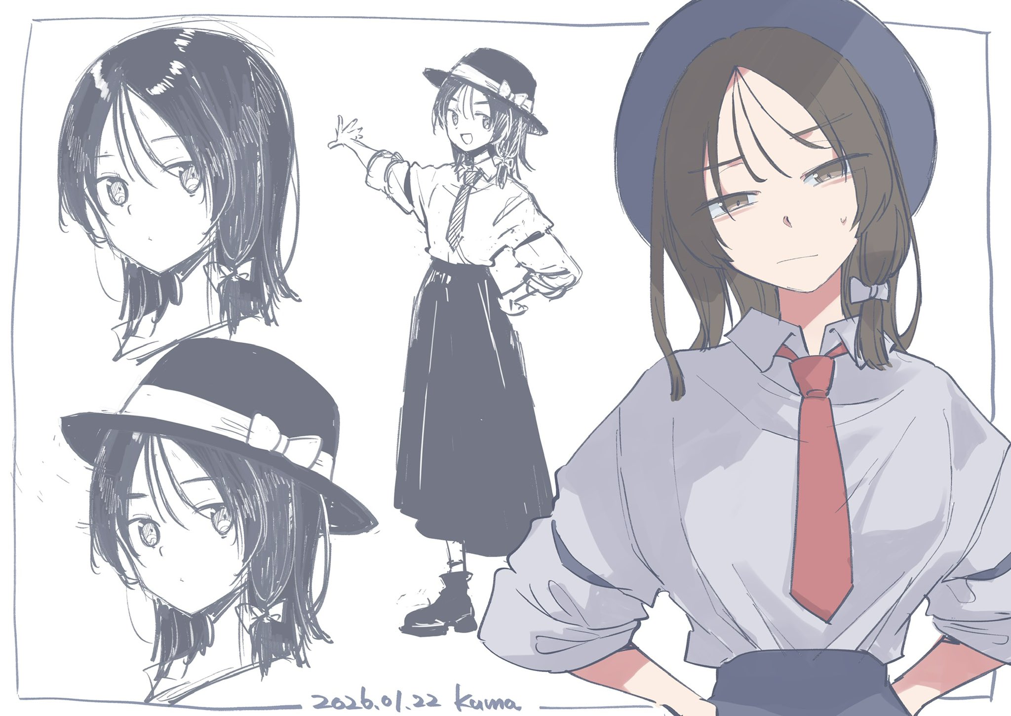 usami renko, touhou, commentary request, highres, 1girl, :d, :o, artist name, black skirt, brown eyes, brown hair, closed mouth, collared shirt, dated, expressionless, full body, hands on own hips, hat, kumateya, long skirt, looking at viewer, multiple expressions, necktie, open mouth, red necktie, shirt, skirt, sleeves rolled up, smile, upper body, variations, white shirt