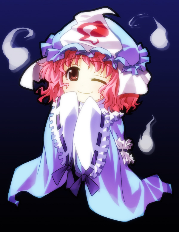 umekichi, saigyouji yuyuko, touhou, bad id, bad pixiv id, 1girl, female focus, ghost, gradient background, hat, japanese clothes, pink hair, red eyes, short hair, solo, upper body