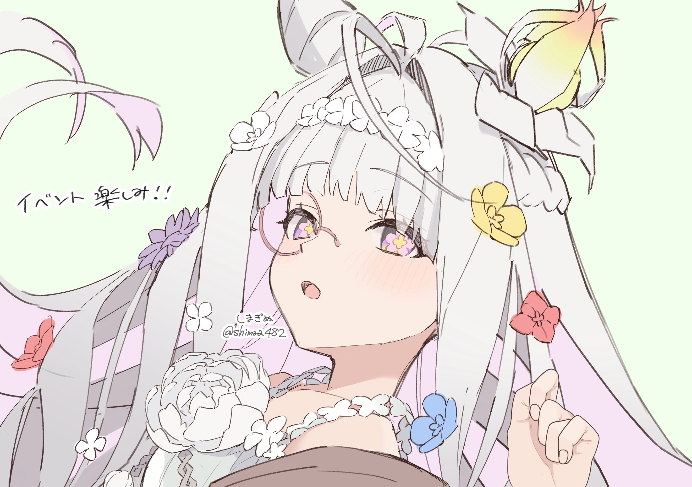 shimaa482, fate/grand order, fate (series), commentary request, highres, 1girl, ahoge, artist name, cone hair bun, flora (fate), flower, flower-shaped pupils, green background, grey hair, hair bun, hair flower, hair ornament, long hair, monocle, purple eyes, symbol-shaped pupils, twitter username