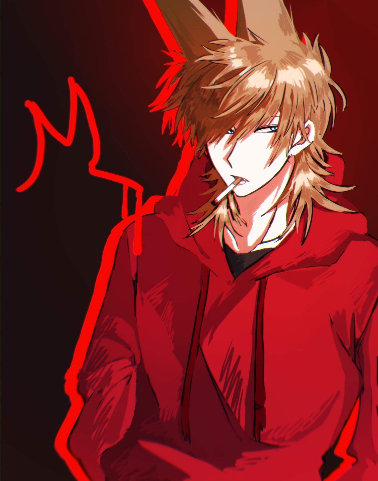 eddsworld, commentary, highres, symbol-only commentary, 1boy, animification, bandage on cheek, border, brown hair, cigarette, drawstring, fang, flipped hair, goma (gomaaa 86), hair ears, hood, hood down, hoodie, long sleeves, looking at viewer, male focus, medium hair, mouth hold, open mouth, parted lips, red army logo (eddsworld), red background, red border, red hoodie, red theme, simple background, slit pupils, solo, tord (eddsworld), upper body, white eyes