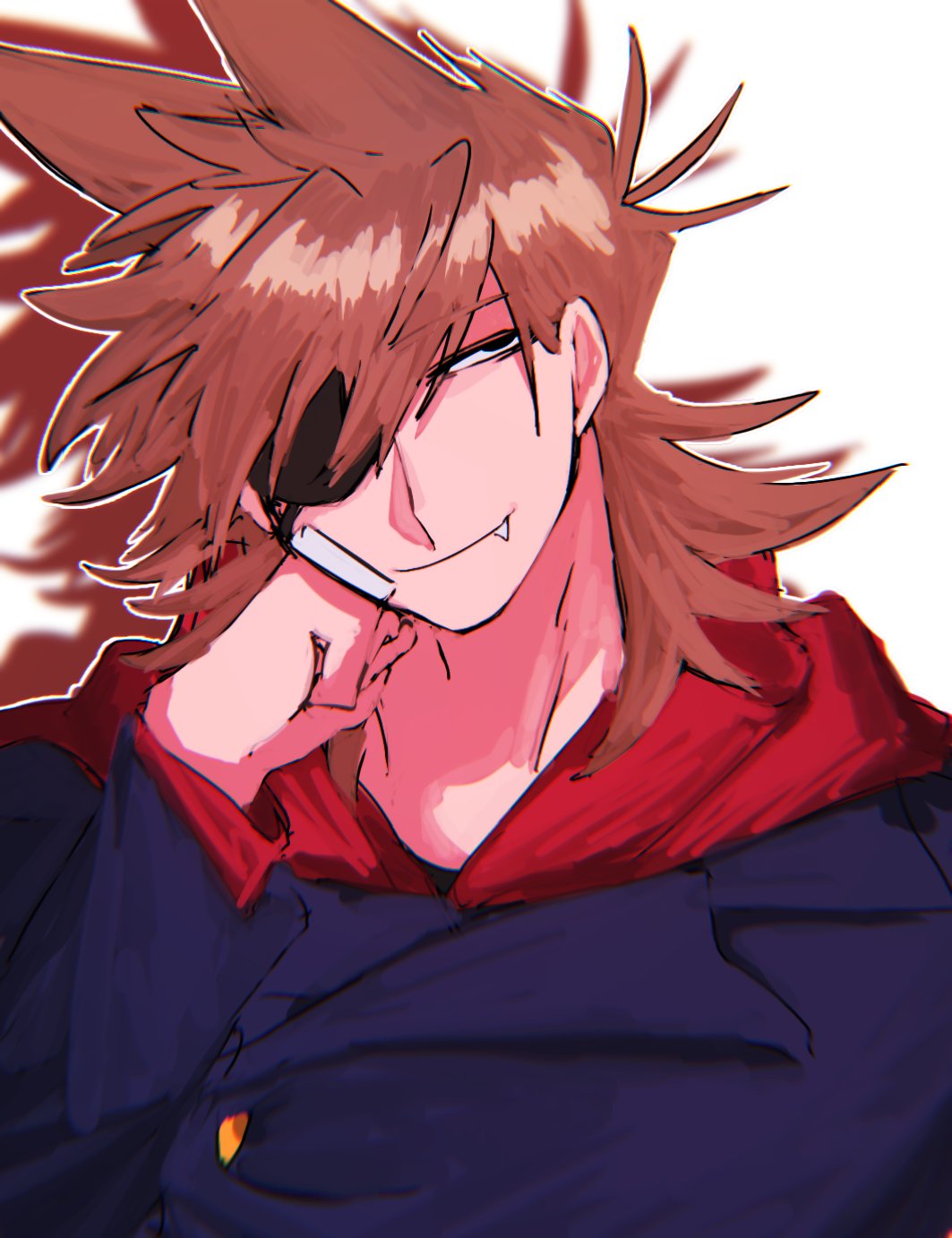 eddsworld, commentary, hashtag-only commentary, highres, symbol-only commentary, 1boy, animification, antenna hair, bandage on cheek, black eyes, blue coat, brown hair, buttons, coat, drop shadow, eyepatch, fang, flipped hair, goma (gomaaa 86), hair ears, hood, hood down, long sleeves, looking at viewer, male focus, medium hair, red hood, red leader (eddsworld), simple background, smile, solo, tord (eddsworld), upper body, white background