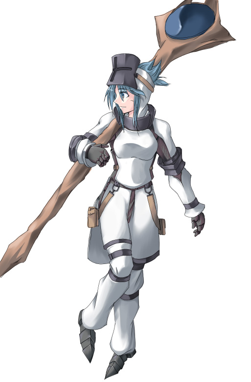 ment, capcom, monster hunter (series), tagme, 1girl, armor, female focus, full body, khezu (armor), simple background, solo, staff, standing, weapon, white background